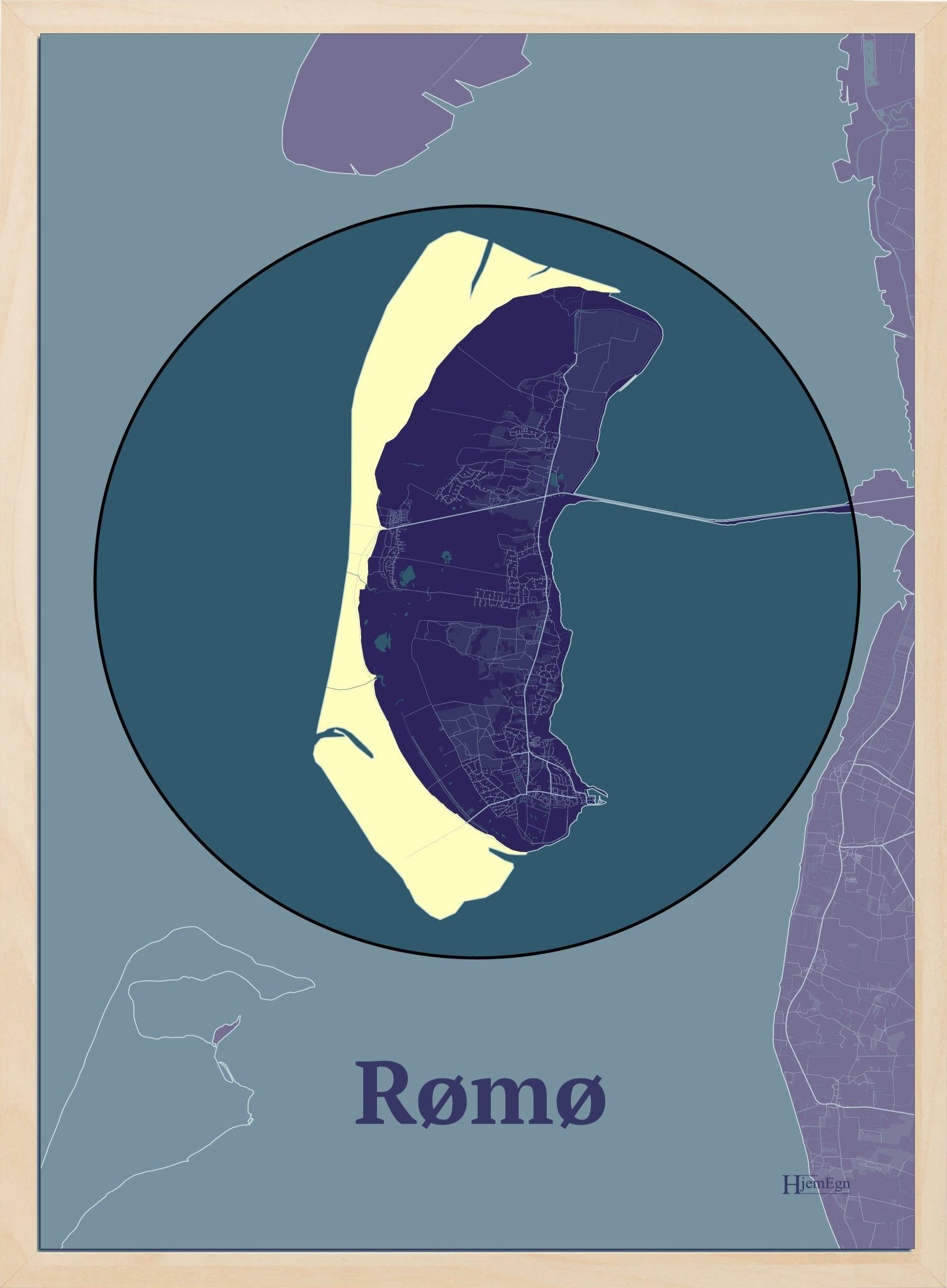 Rømø plakat i farve mørk lilla og HjemEgn.dk design centrum. Design ø-kort for Rømø