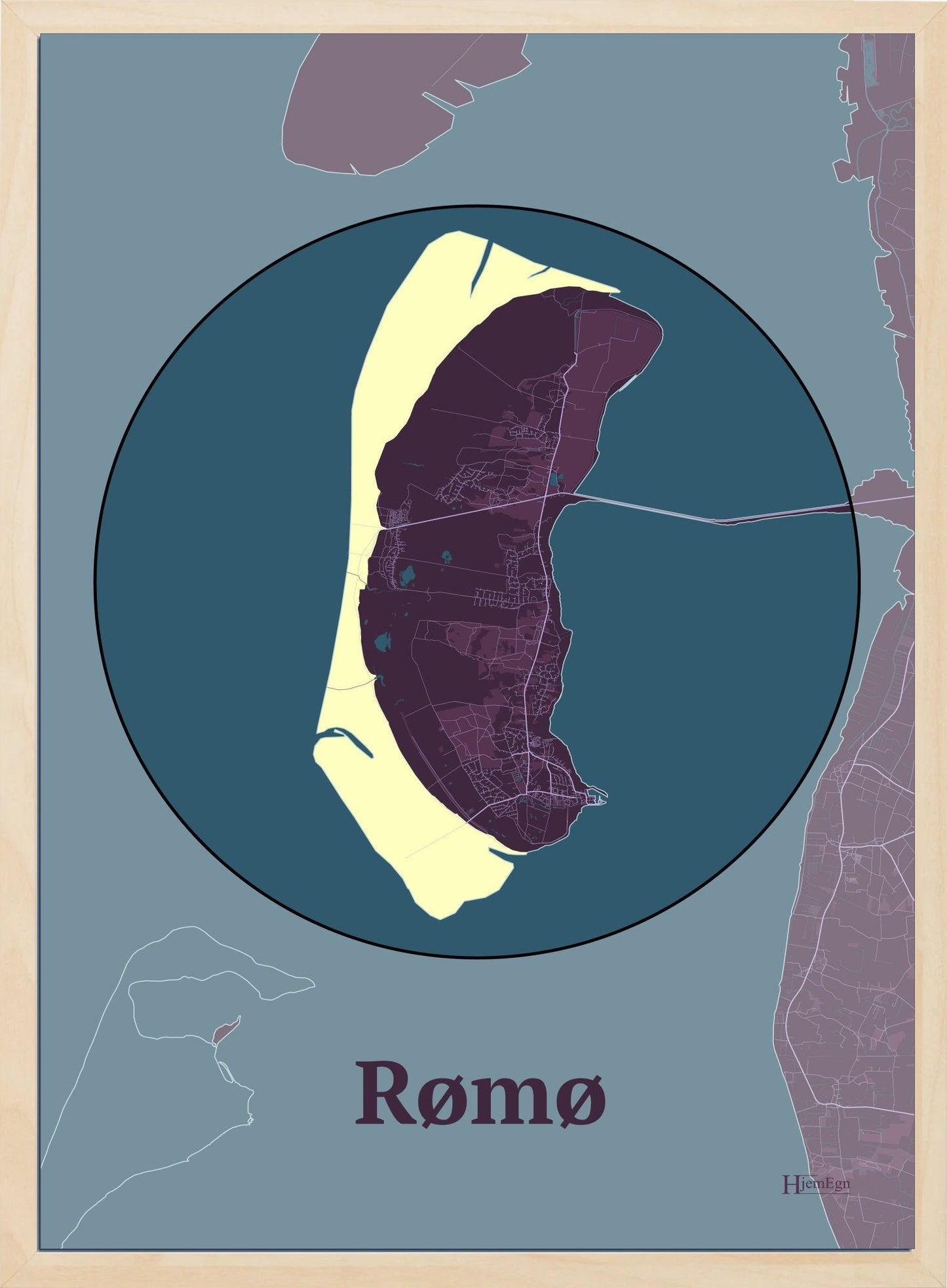 Rømø plakat i farve mørk rød og HjemEgn.dk design centrum. Design ø-kort for Rømø