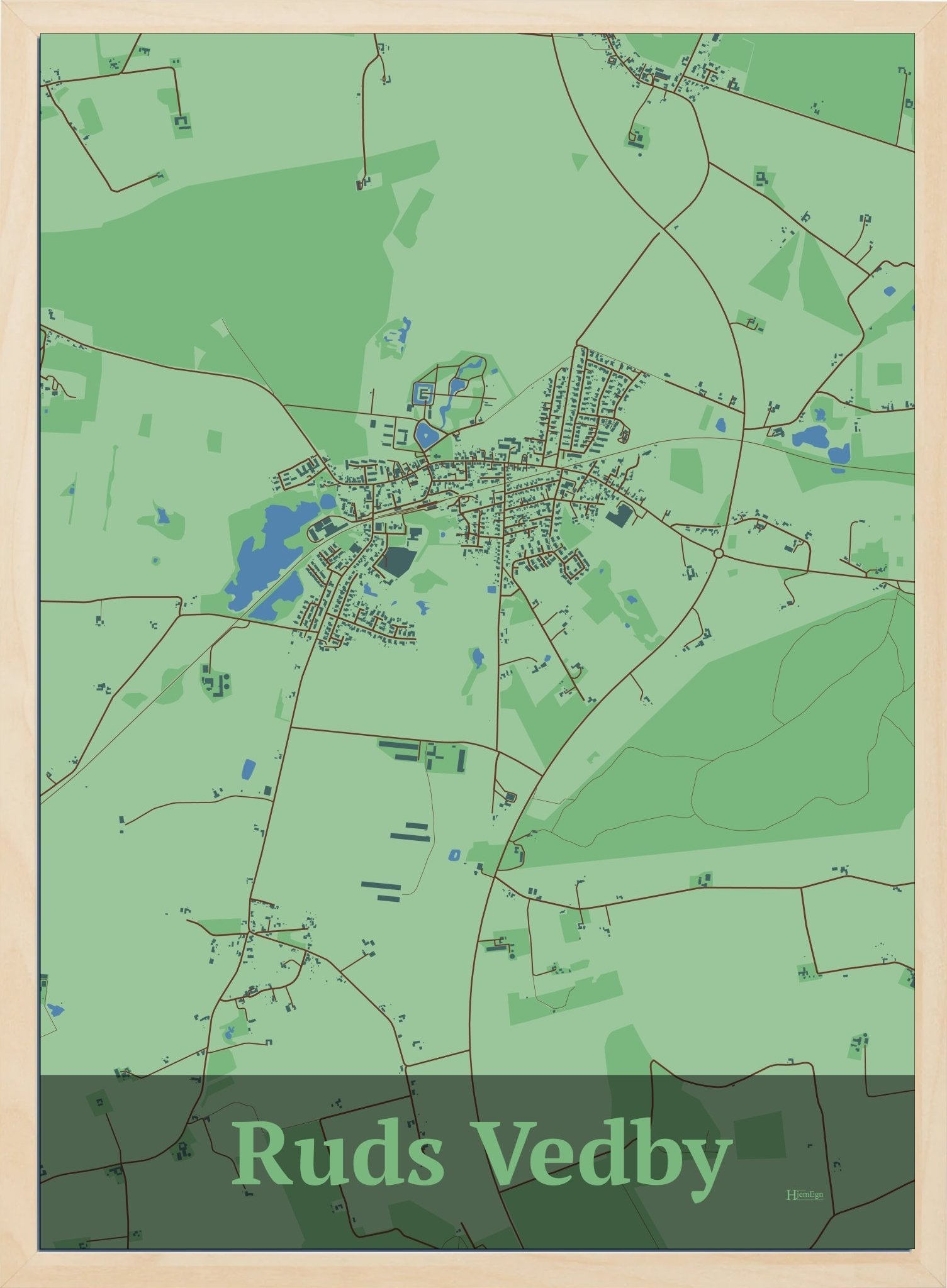 Ruds Vedby plakat i farve pastel grøn og HjemEgn.dk design firkantet. Design bykort for Ruds Vedby