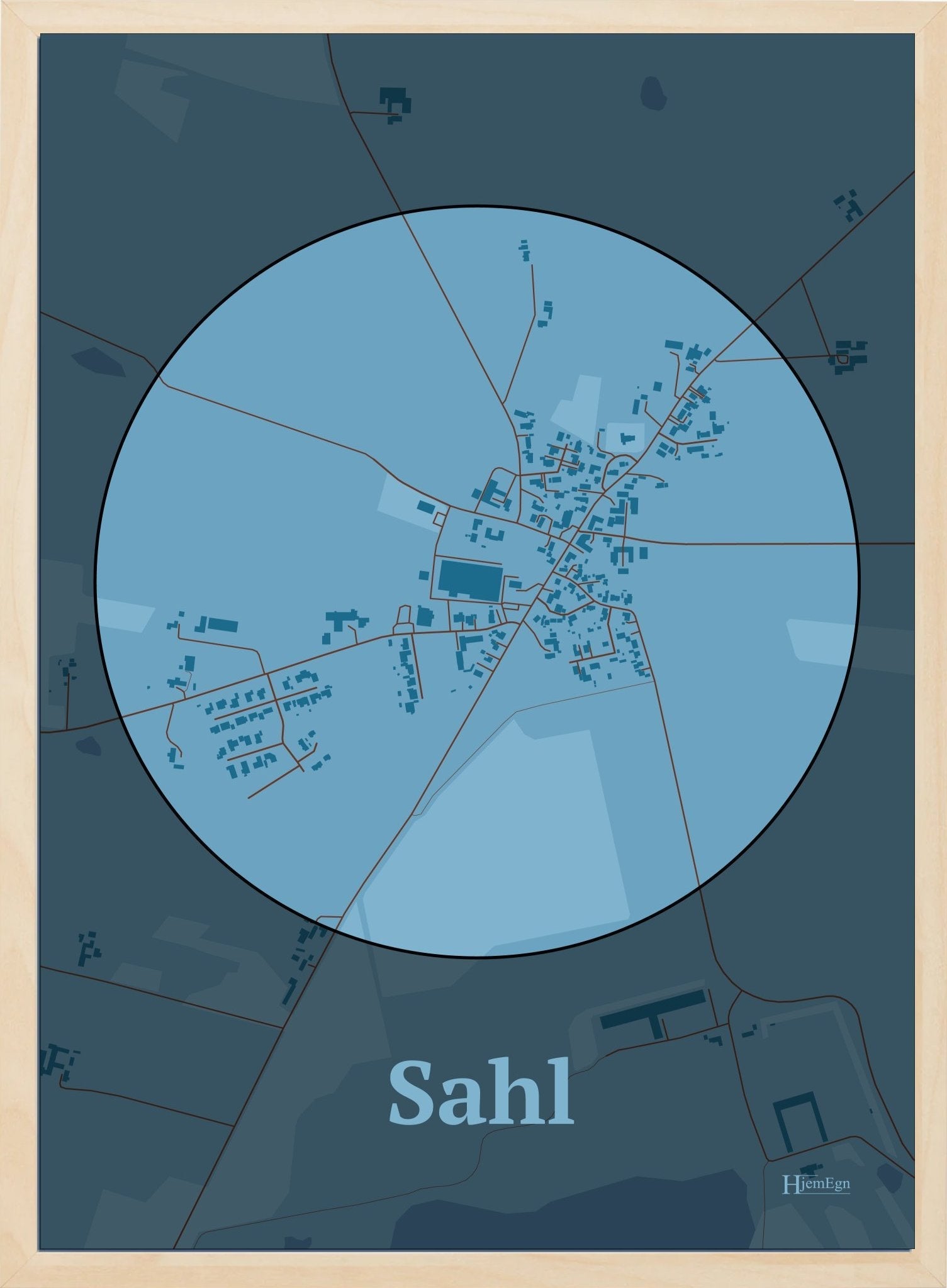 Sahl plakat i farve pastel blå og HjemEgn.dk design centrum. Design bykort for Sahl