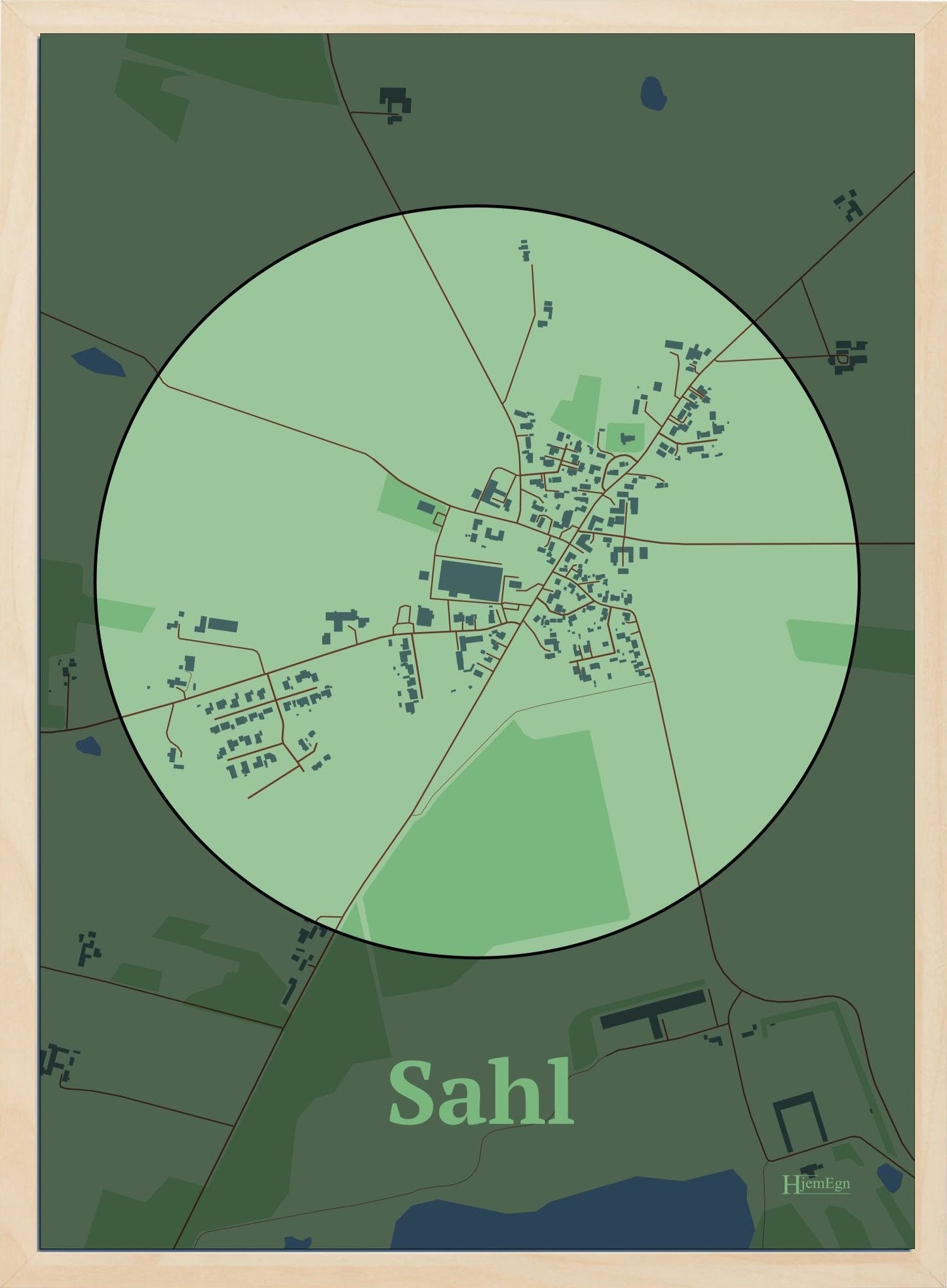 Sahl plakat i farve pastel grøn og HjemEgn.dk design centrum. Design bykort for Sahl