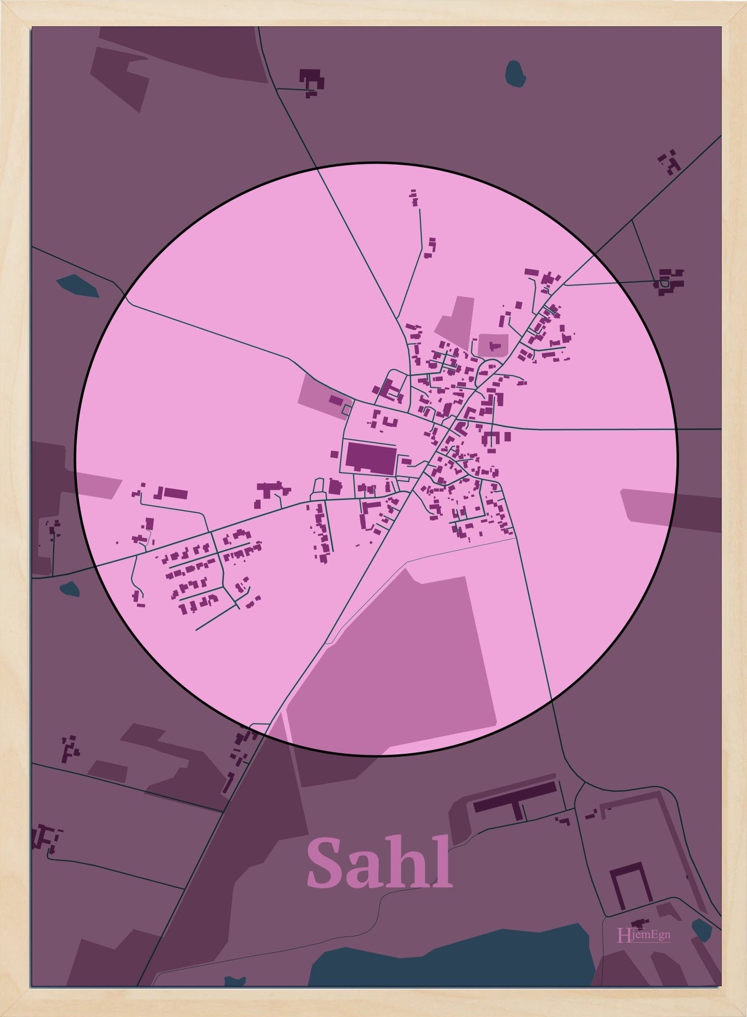 Sahl plakat i farve pastel rød og HjemEgn.dk design centrum. Design bykort for Sahl