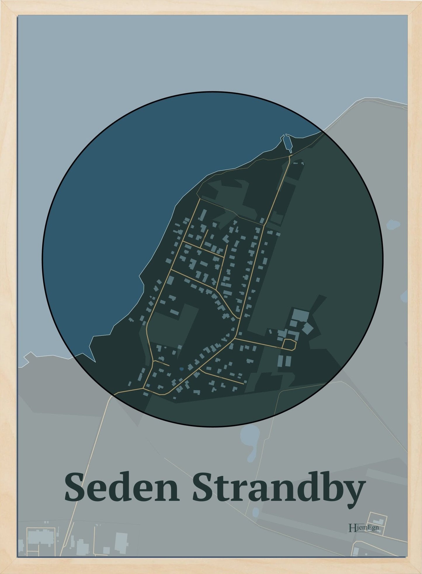 Seden Strandby plakat i farve mørk grøn og HjemEgn.dk design centrum. Design bykort for Seden Strandby