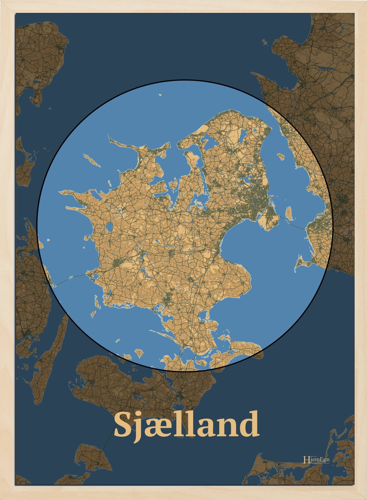 Sjælland plakat i farve pastel brun og HjemEgn.dk design centrum. Design ø-kort for Sjælland