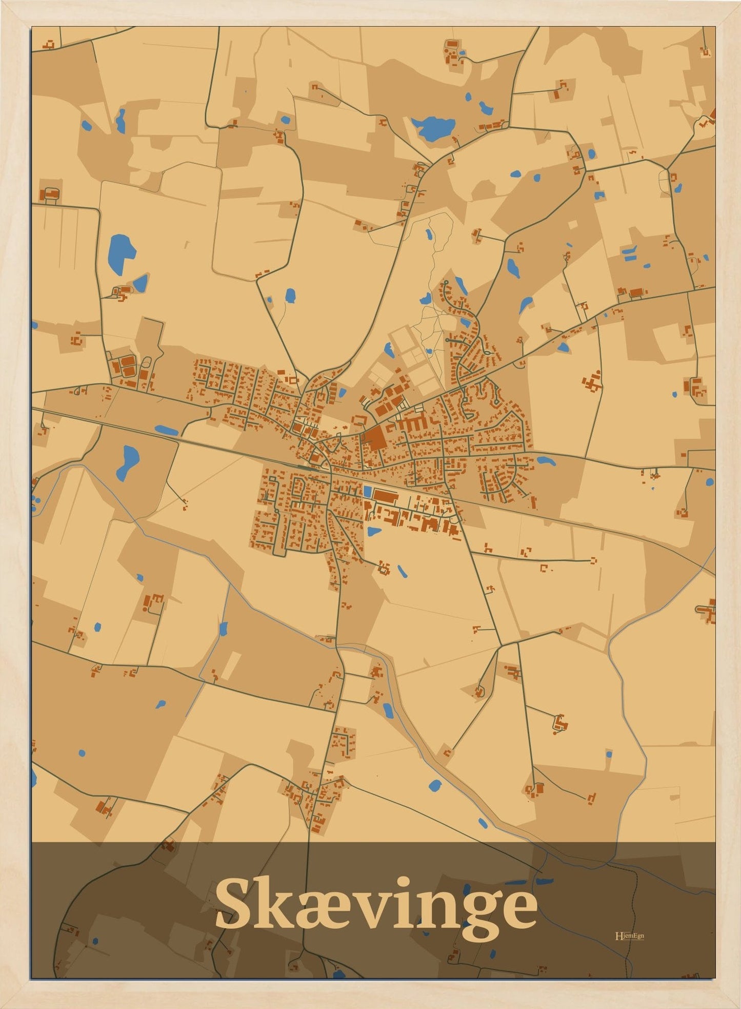 Skævinge plakat i farve pastel brun og HjemEgn.dk design firkantet. Design bykort for Skævinge