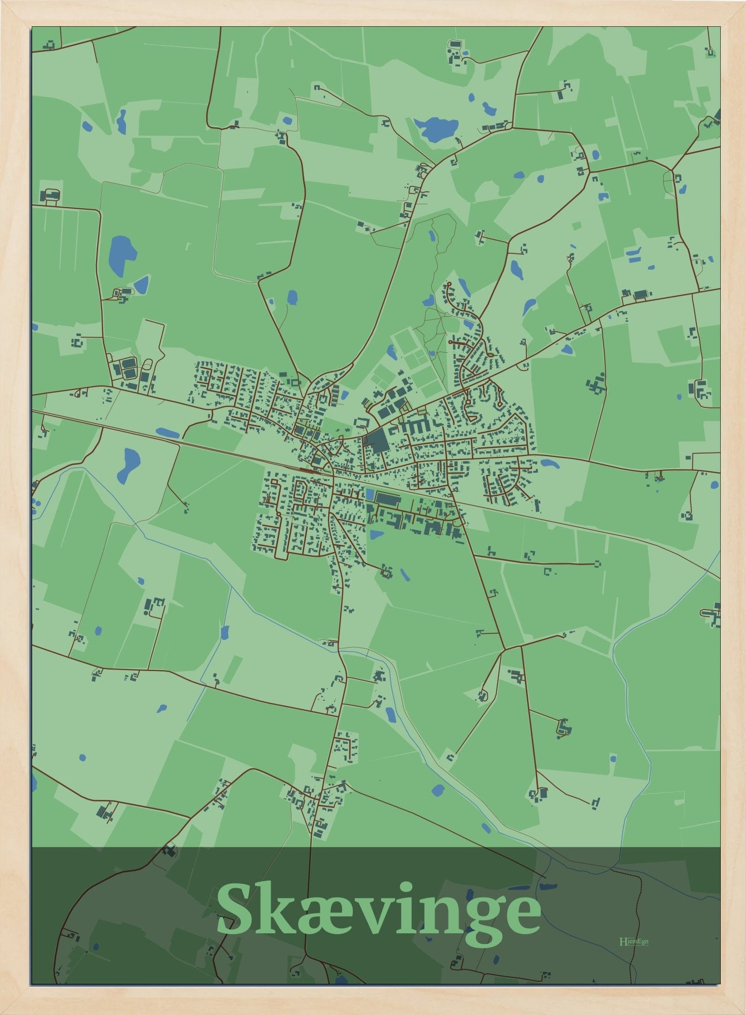 Skævinge plakat i farve pastel grøn og HjemEgn.dk design firkantet. Design bykort for Skævinge