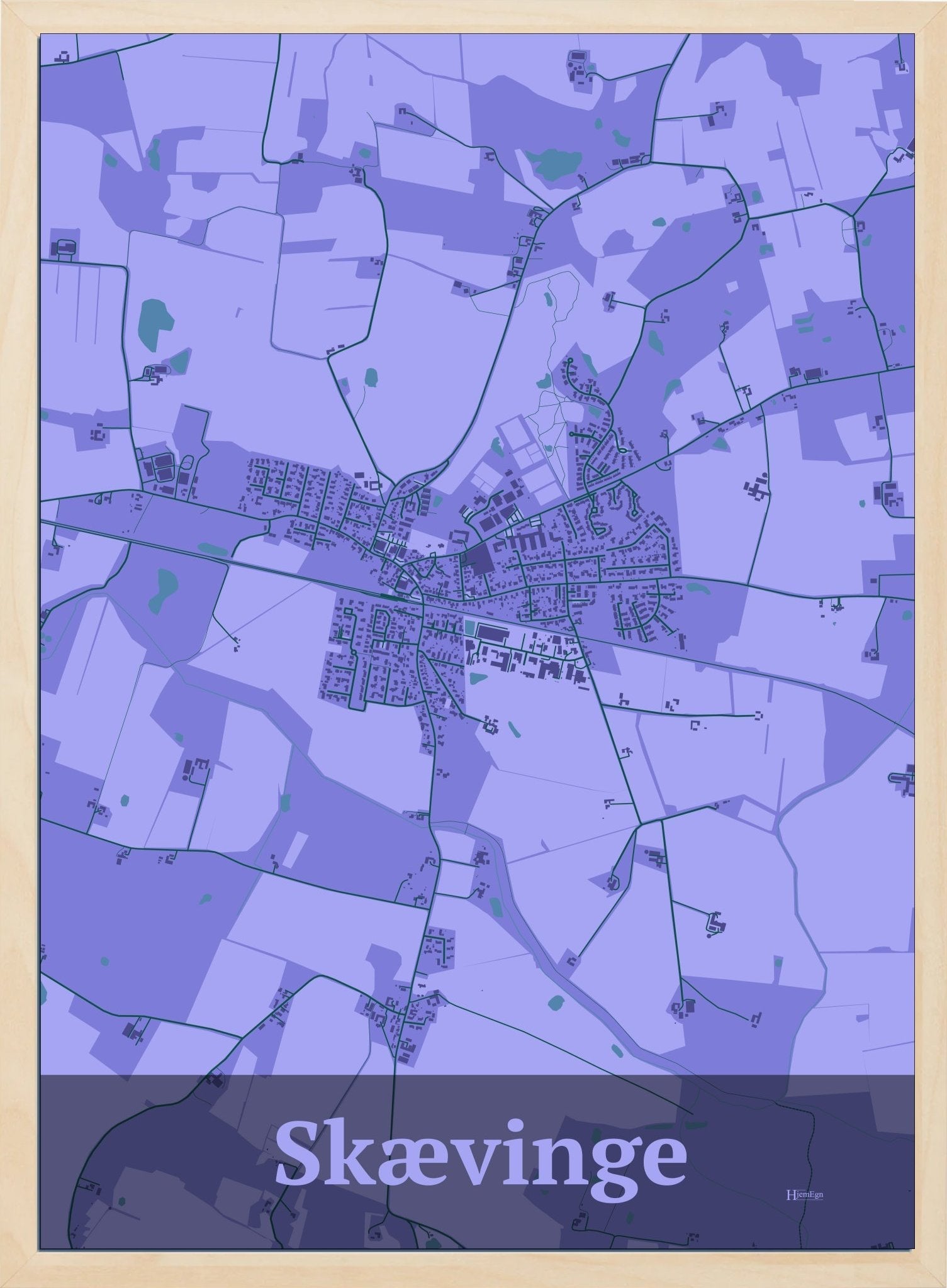 Skævinge plakat i farve pastel lilla og HjemEgn.dk design firkantet. Design bykort for Skævinge