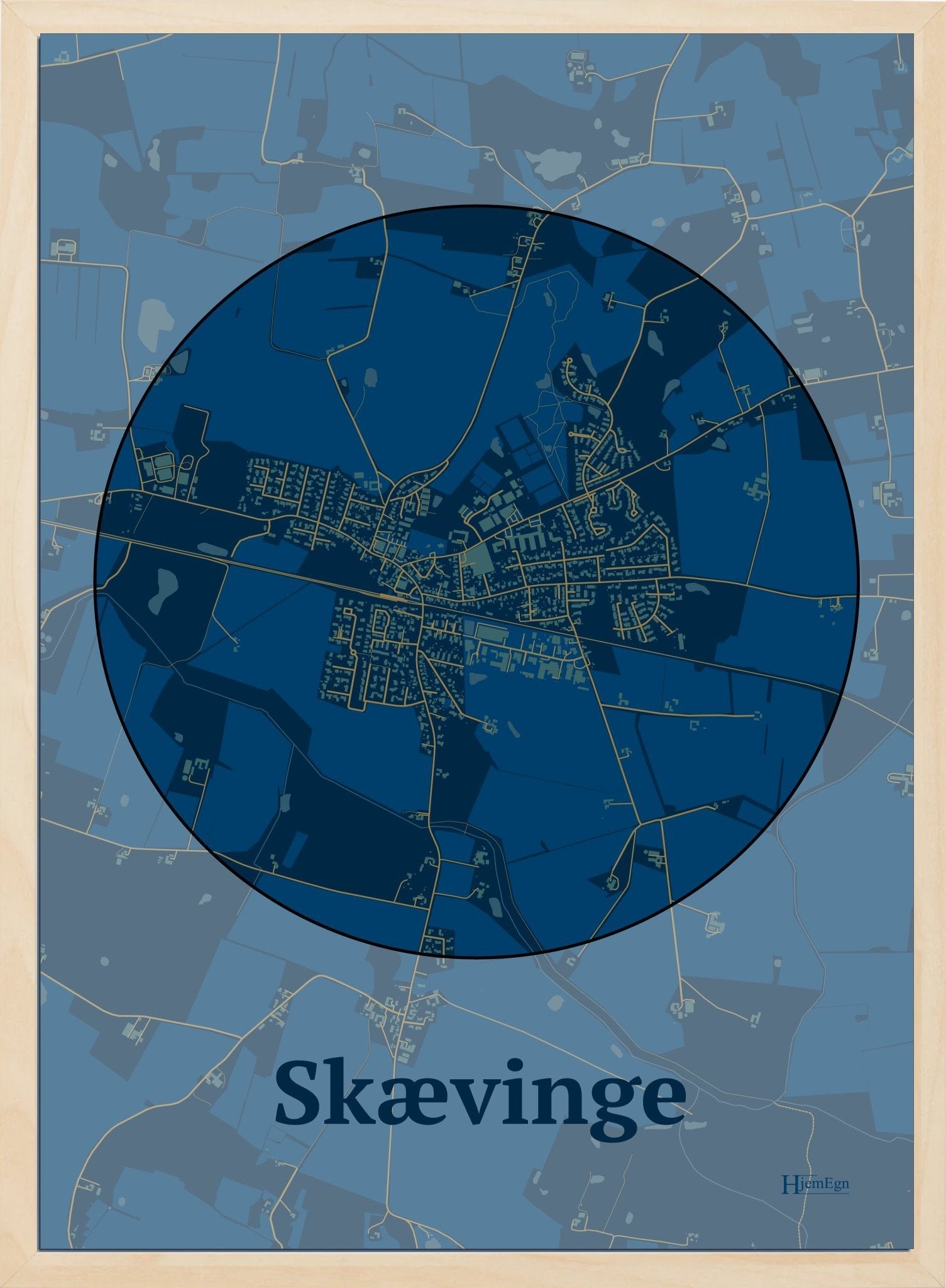 Skævinge plakat i farve mørk blå og HjemEgn.dk design centrum. Design bykort for Skævinge