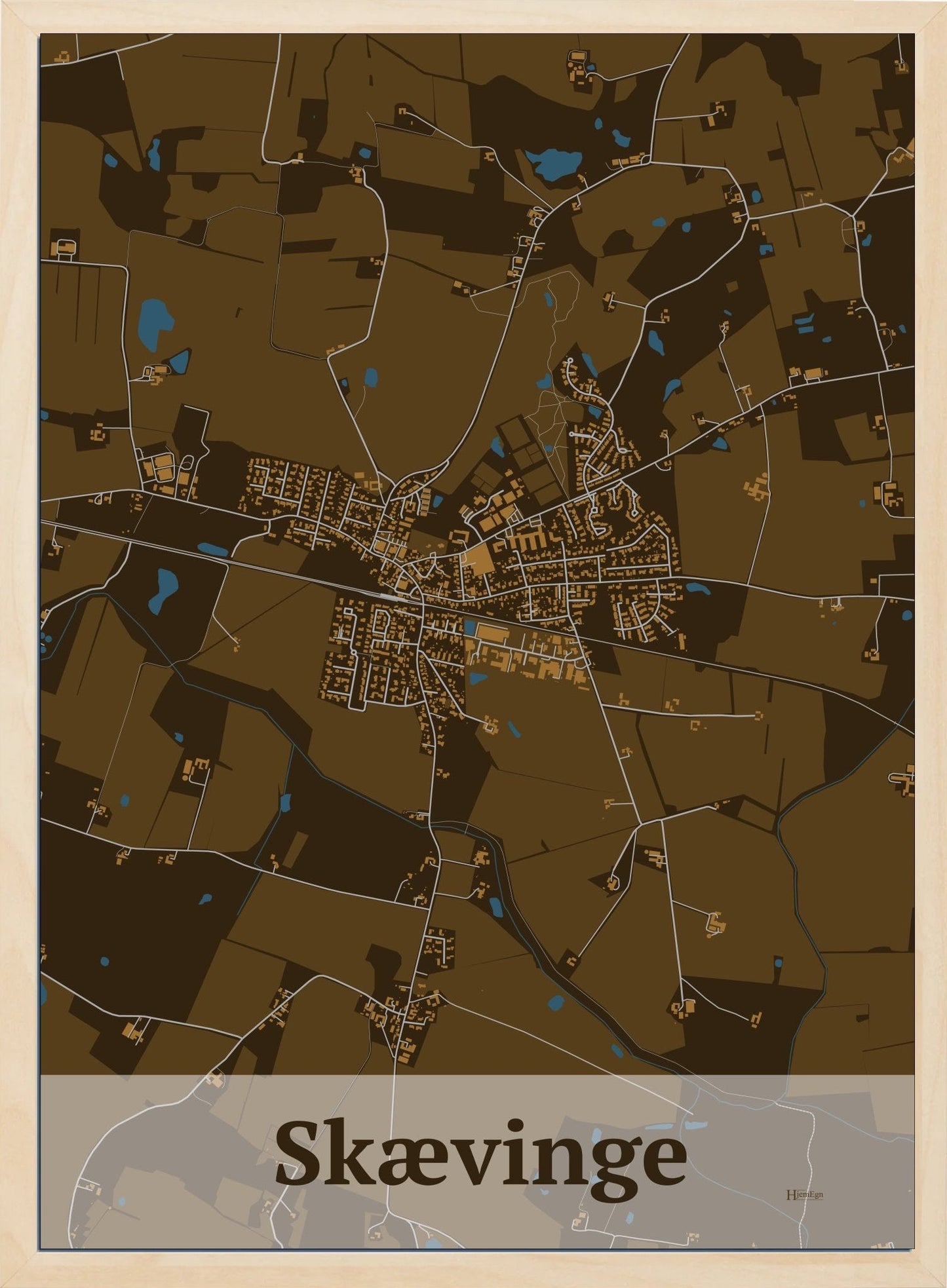 Skævinge plakat i farve mørk brun og HjemEgn.dk design firkantet. Design bykort for Skævinge
