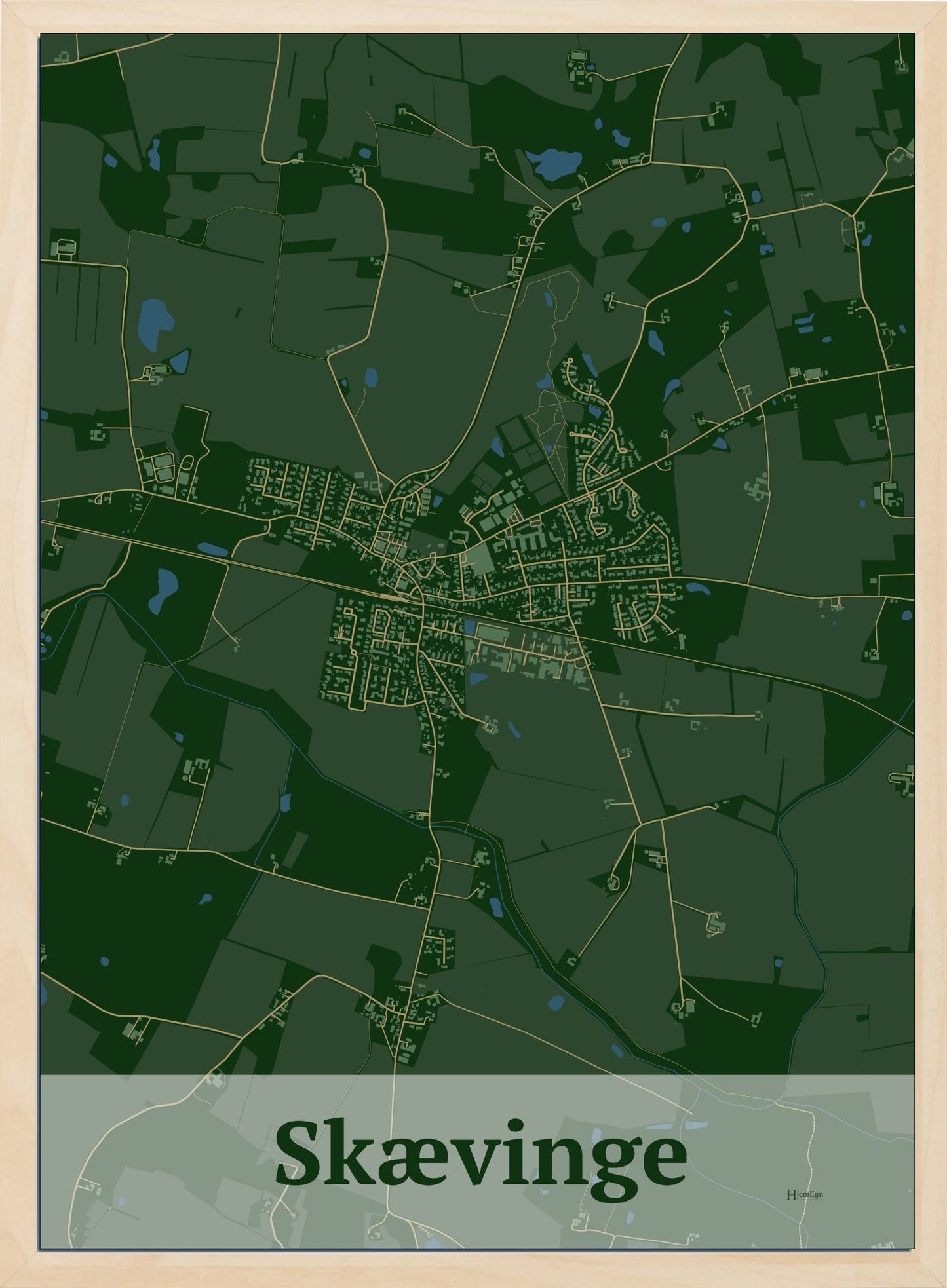 Skævinge plakat i farve mørk grøn og HjemEgn.dk design firkantet. Design bykort for Skævinge