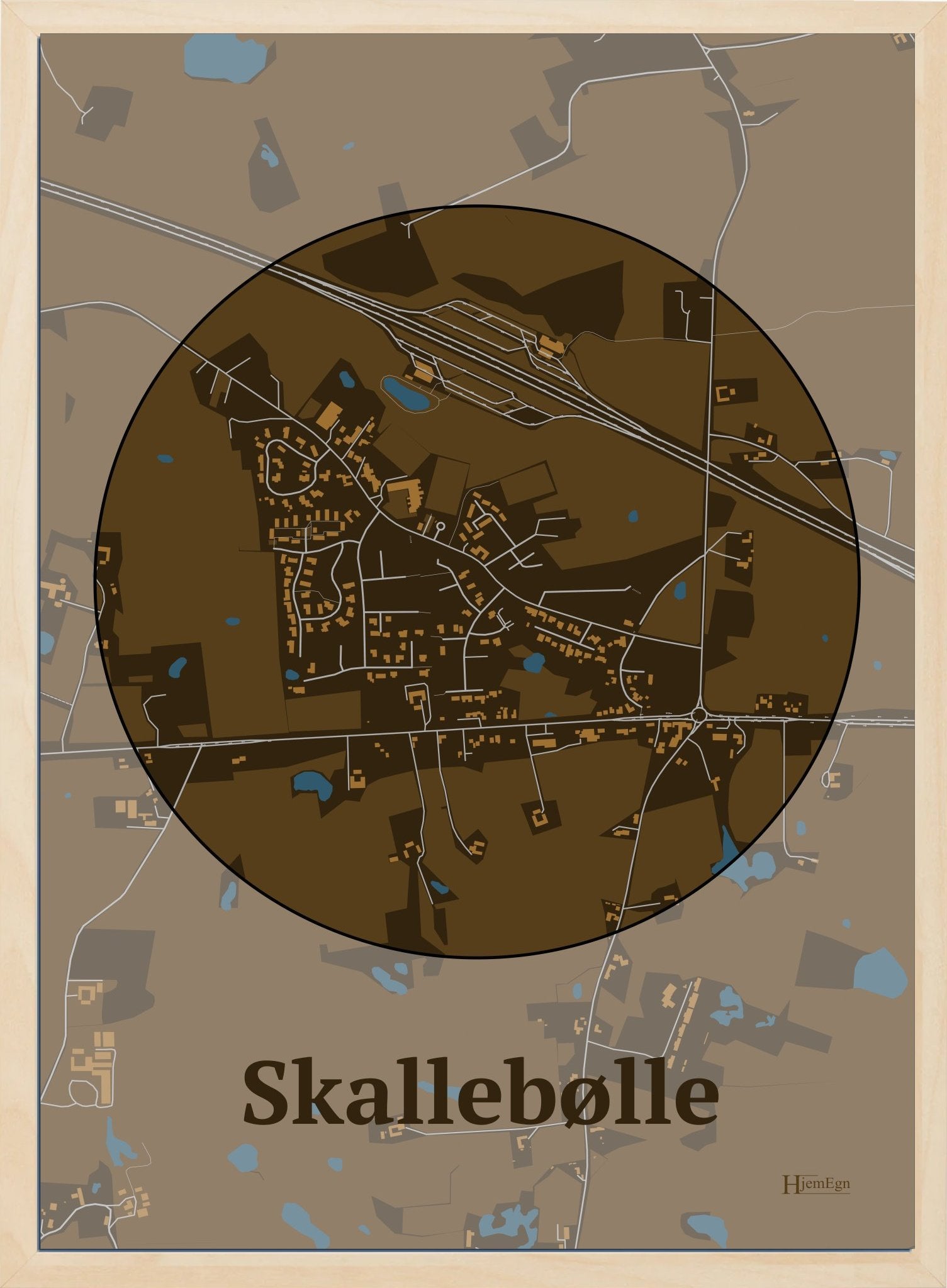 Skallebølle plakat i farve mørk brun og HjemEgn.dk design centrum. Design bykort for Skallebølle