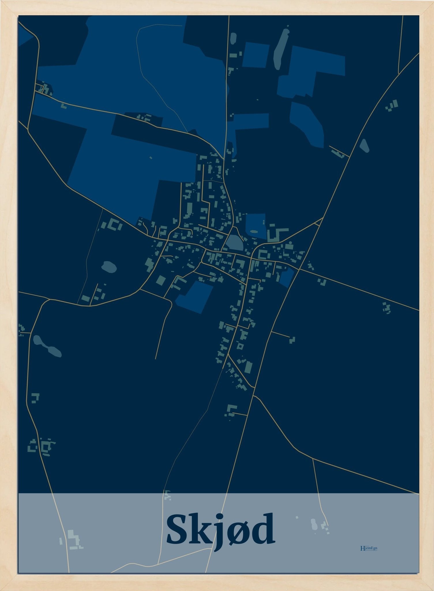 Skjød plakat i farve mørk blå og HjemEgn.dk design firkantet. Design bykort for Skjød