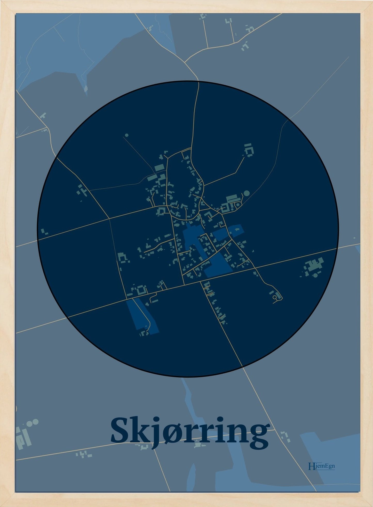 Skjørring plakat i farve mørk blå og HjemEgn.dk design centrum. Design bykort for Skjørring