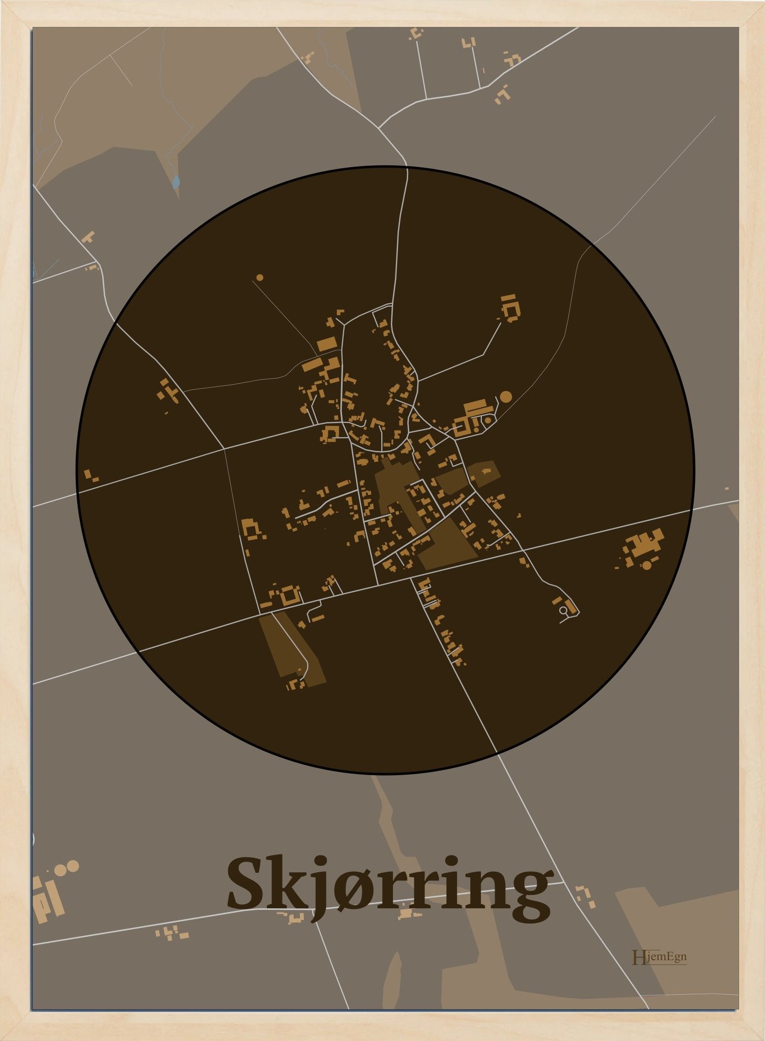 Skjørring plakat i farve mørk brun og HjemEgn.dk design centrum. Design bykort for Skjørring