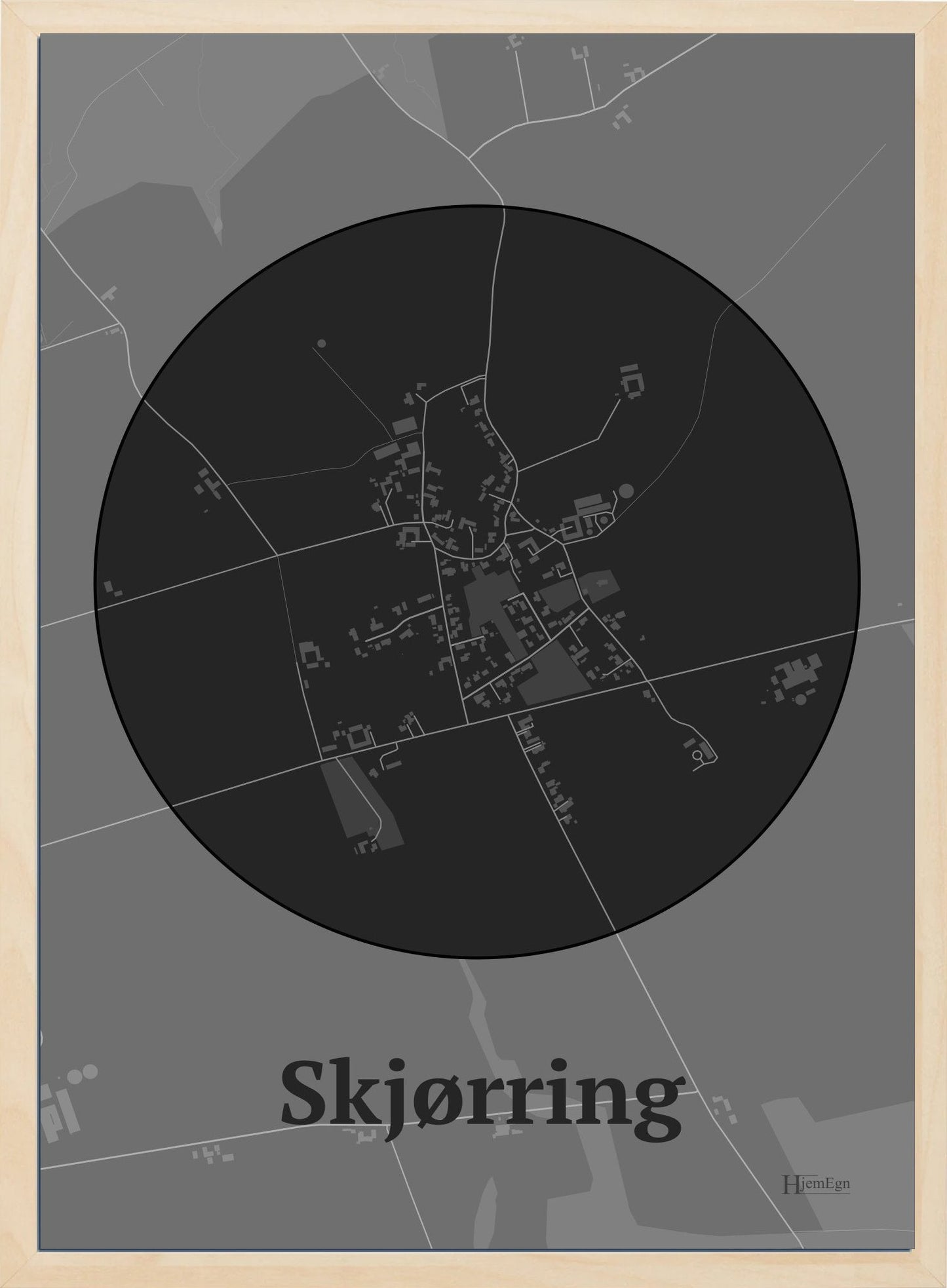 Skjørring plakat i farve mørk grå og HjemEgn.dk design centrum. Design bykort for Skjørring