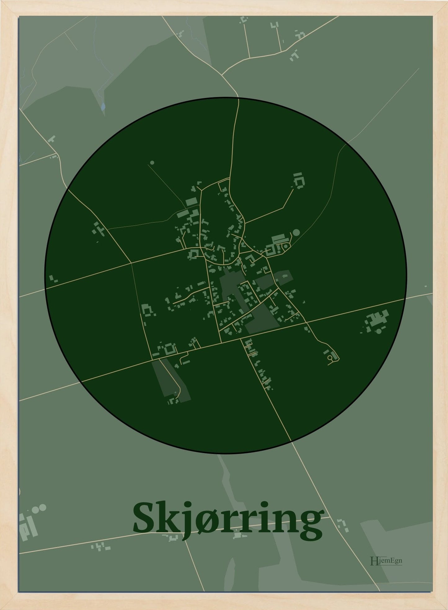 Skjørring plakat i farve mørk grøn og HjemEgn.dk design centrum. Design bykort for Skjørring