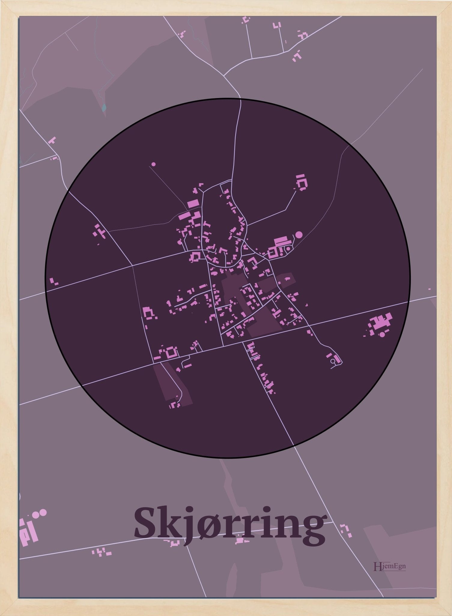 Skjørring plakat i farve mørk rød og HjemEgn.dk design centrum. Design bykort for Skjørring