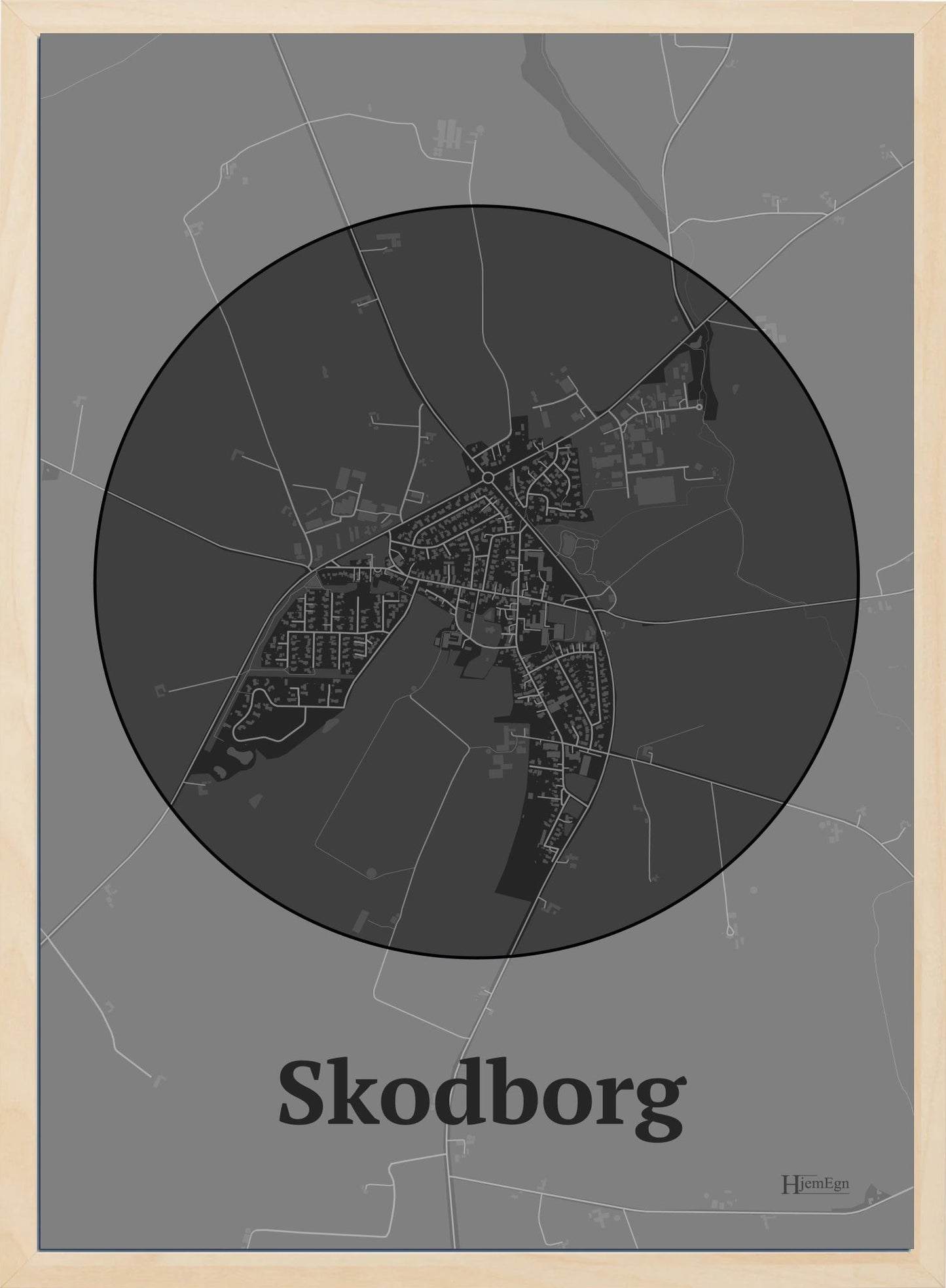 Skodborg plakat i farve mørk grå og HjemEgn.dk design centrum. Design bykort for Skodborg