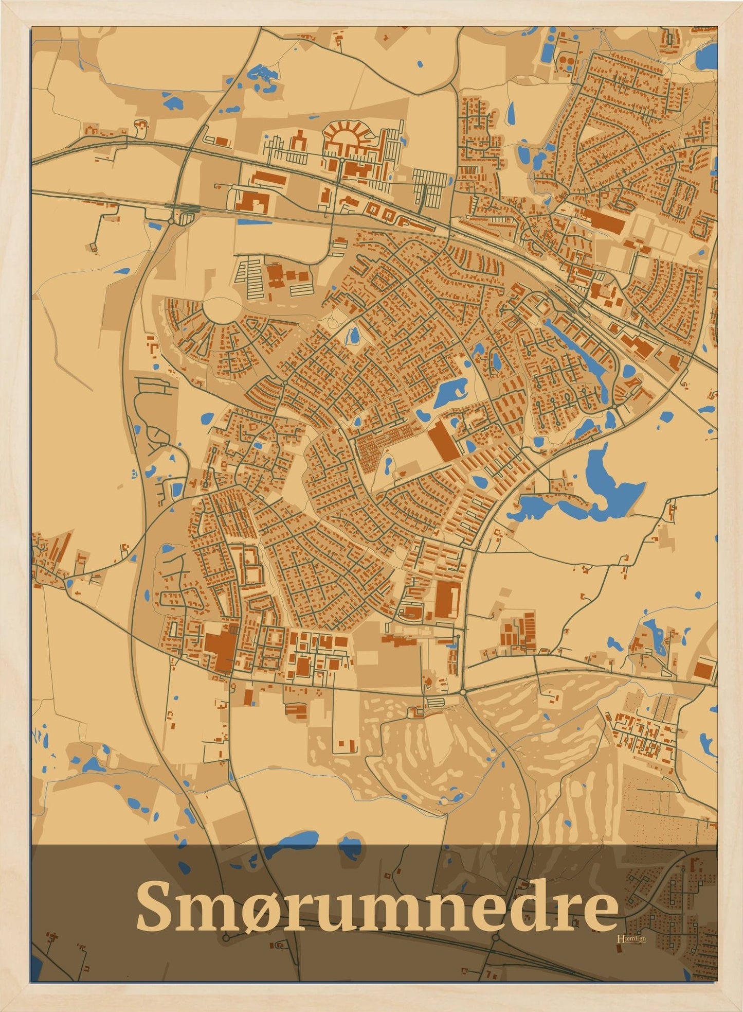 Smørumnedre plakat i farve pastel brun og HjemEgn.dk design firkantet. Design bykort for Smørumnedre