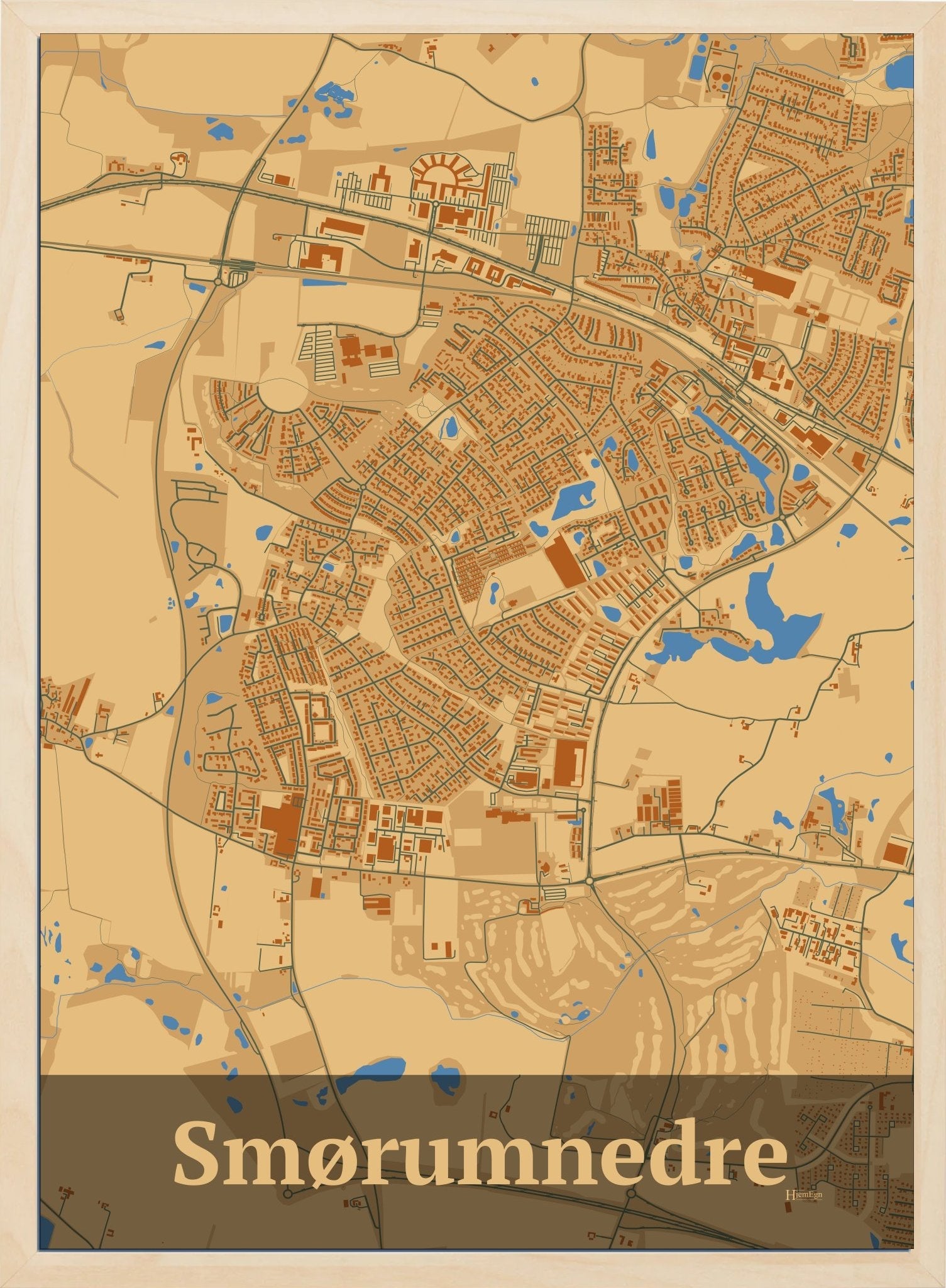 Smørumnedre plakat i farve pastel brun og HjemEgn.dk design firkantet. Design bykort for Smørumnedre