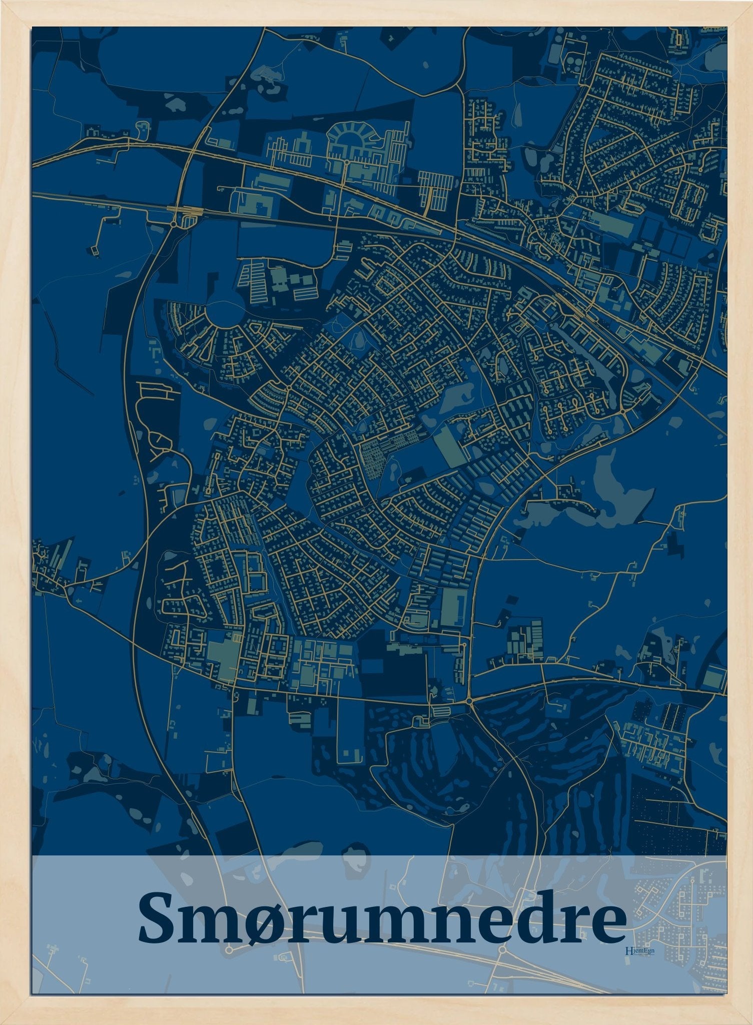 Smørumnedre plakat i farve mørk blå og HjemEgn.dk design firkantet. Design bykort for Smørumnedre