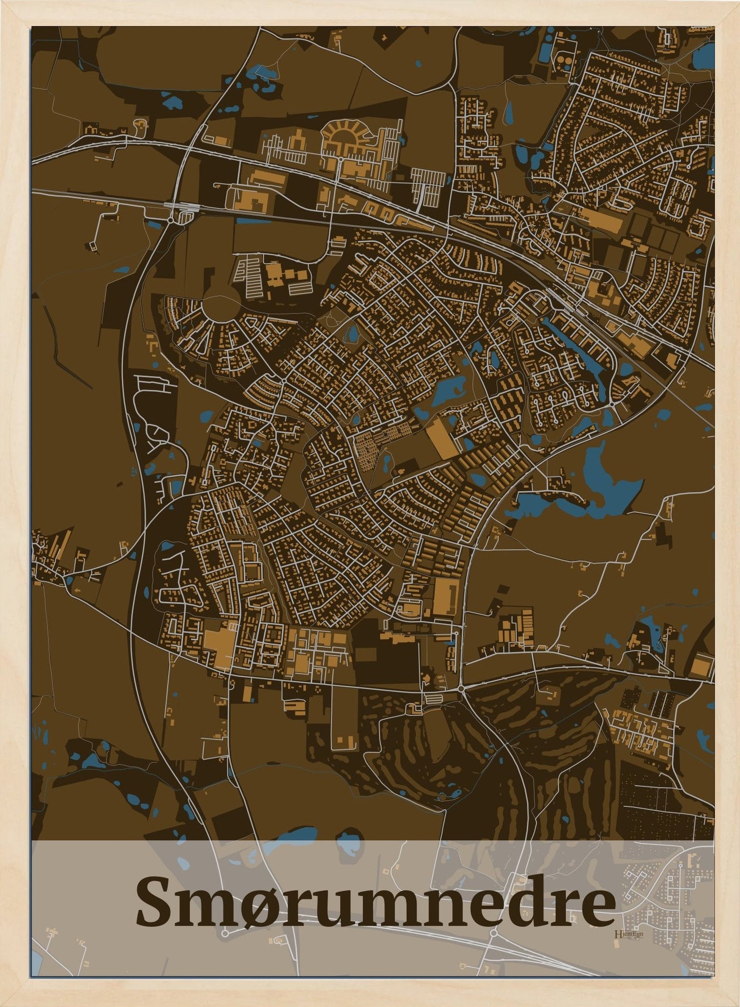 Smørumnedre plakat i farve mørk brun og HjemEgn.dk design firkantet. Design bykort for Smørumnedre