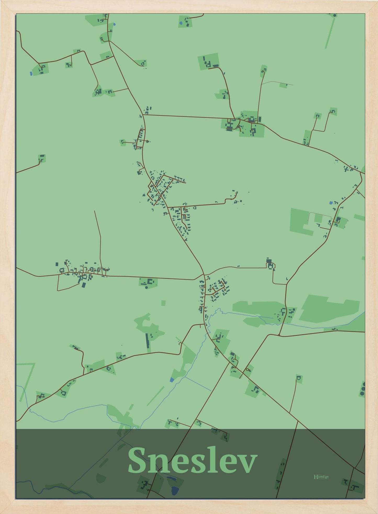 Sneslev plakat i farve pastel grøn og HjemEgn.dk design firkantet. Design bykort for Sneslev