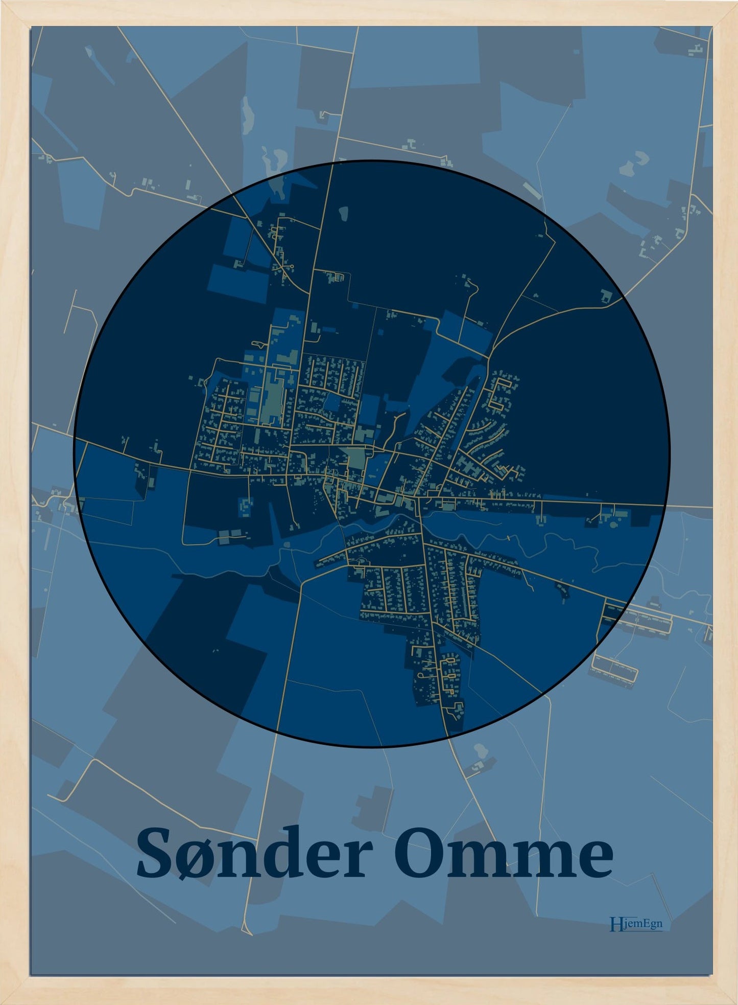 Sønder Omme plakat i farve mørk blå og HjemEgn.dk design centrum. Design bykort for Sønder Omme