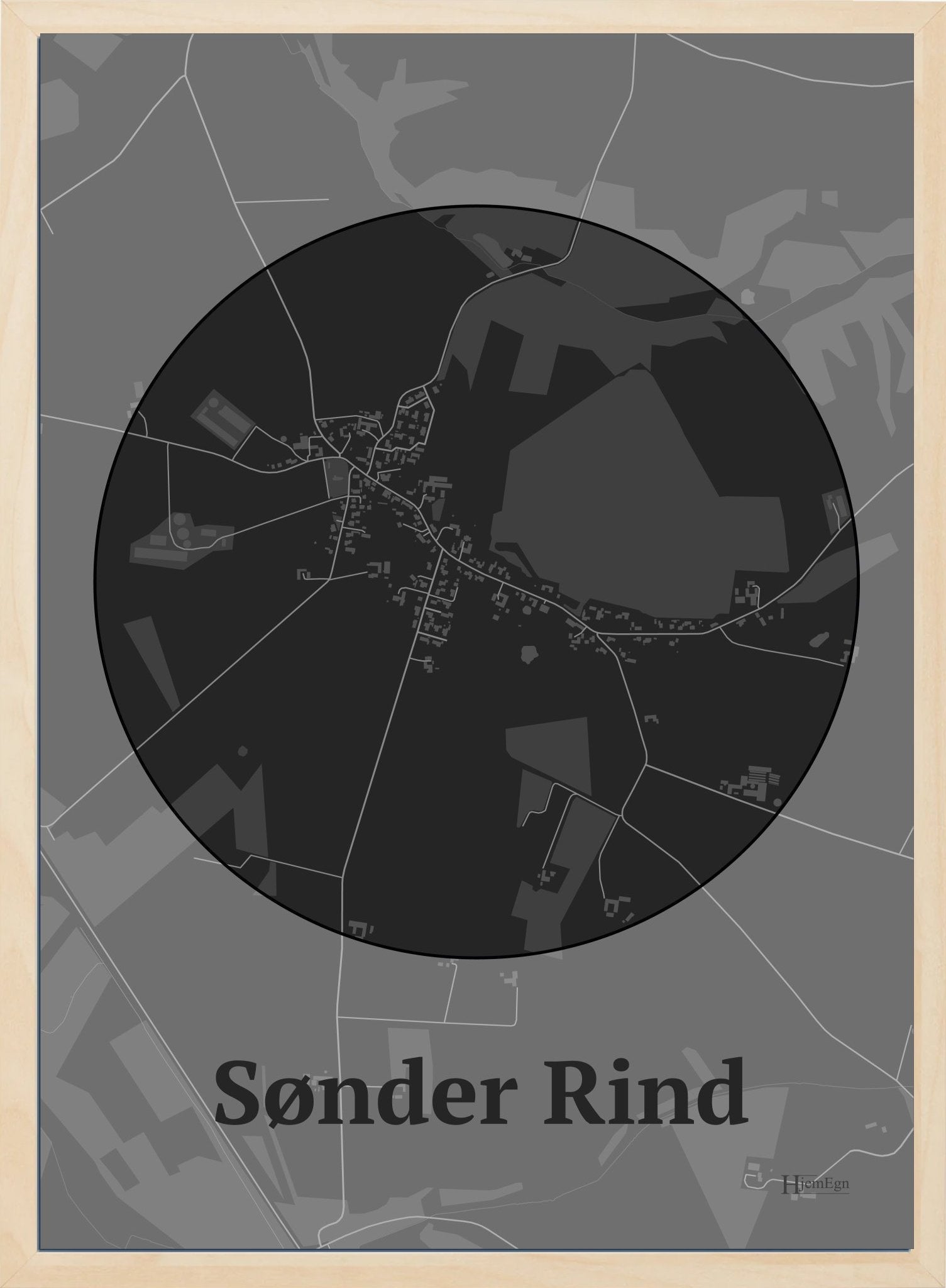 Sønder Rind plakat i farve mørk grå og HjemEgn.dk design centrum. Design bykort for Sønder Rind