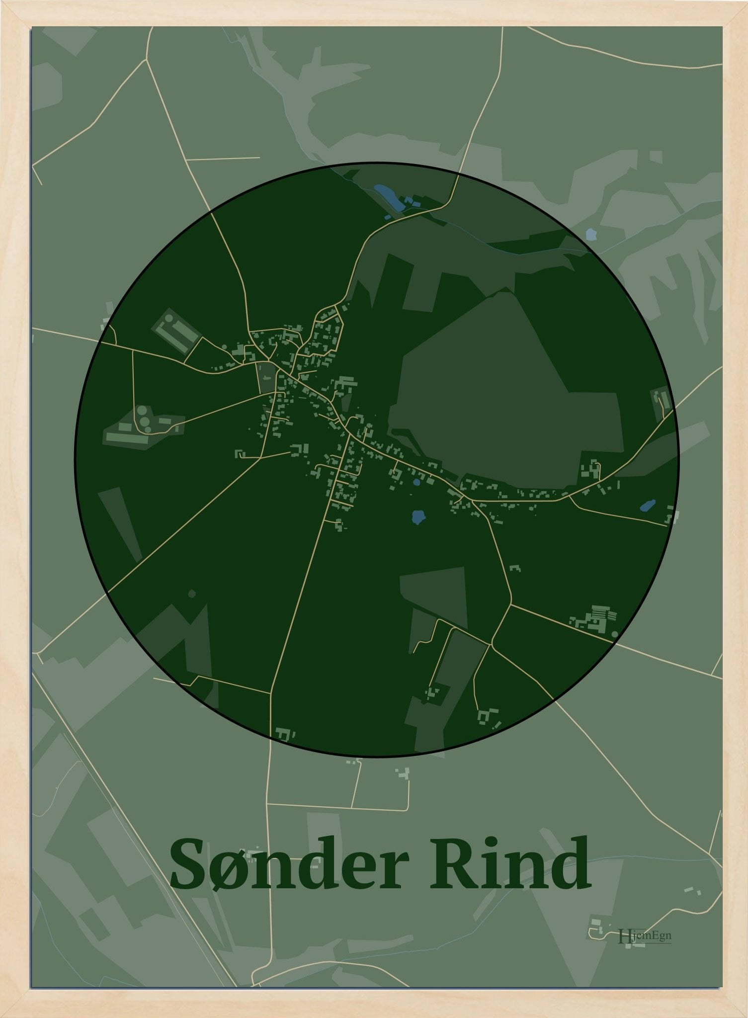 Sønder Rind plakat i farve mørk grøn og HjemEgn.dk design centrum. Design bykort for Sønder Rind