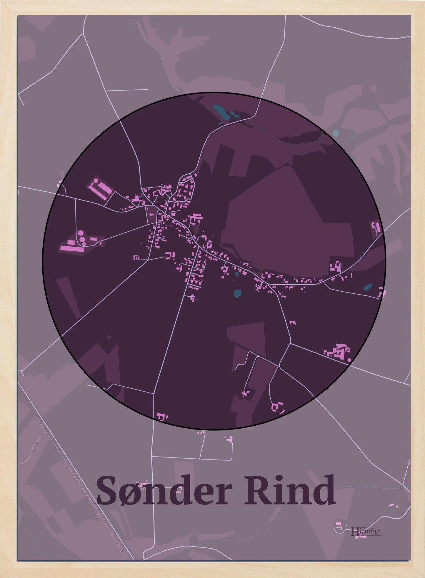 Sønder Rind plakat i farve mørk rød og HjemEgn.dk design centrum. Design bykort for Sønder Rind