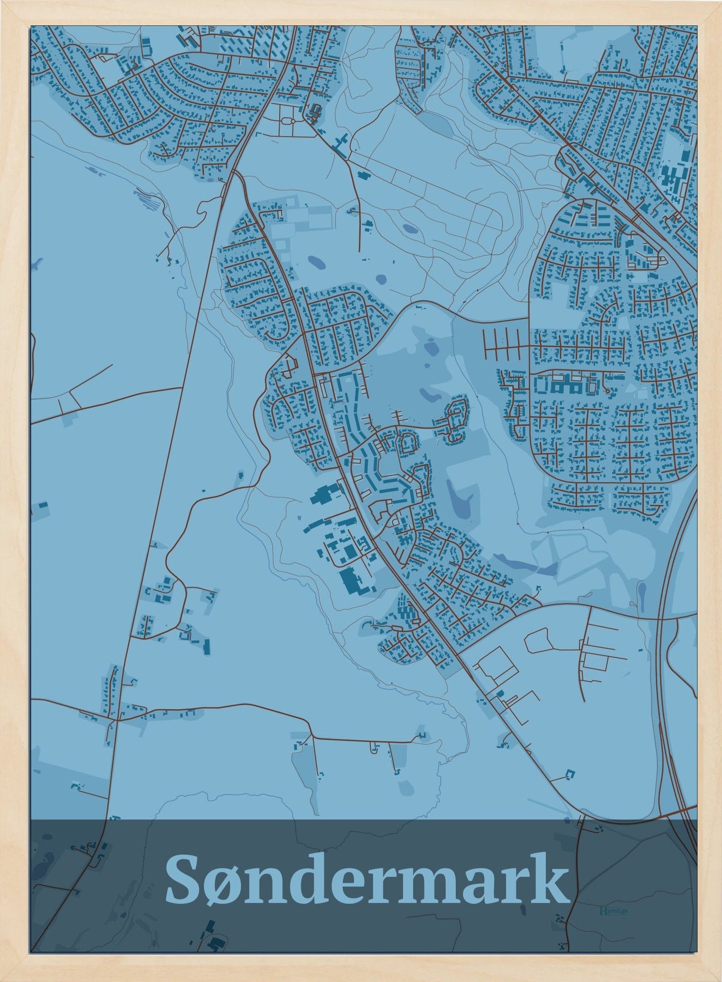 Søndermark plakat i farve pastel blå og HjemEgn.dk design firkantet. Design bykort for Søndermark