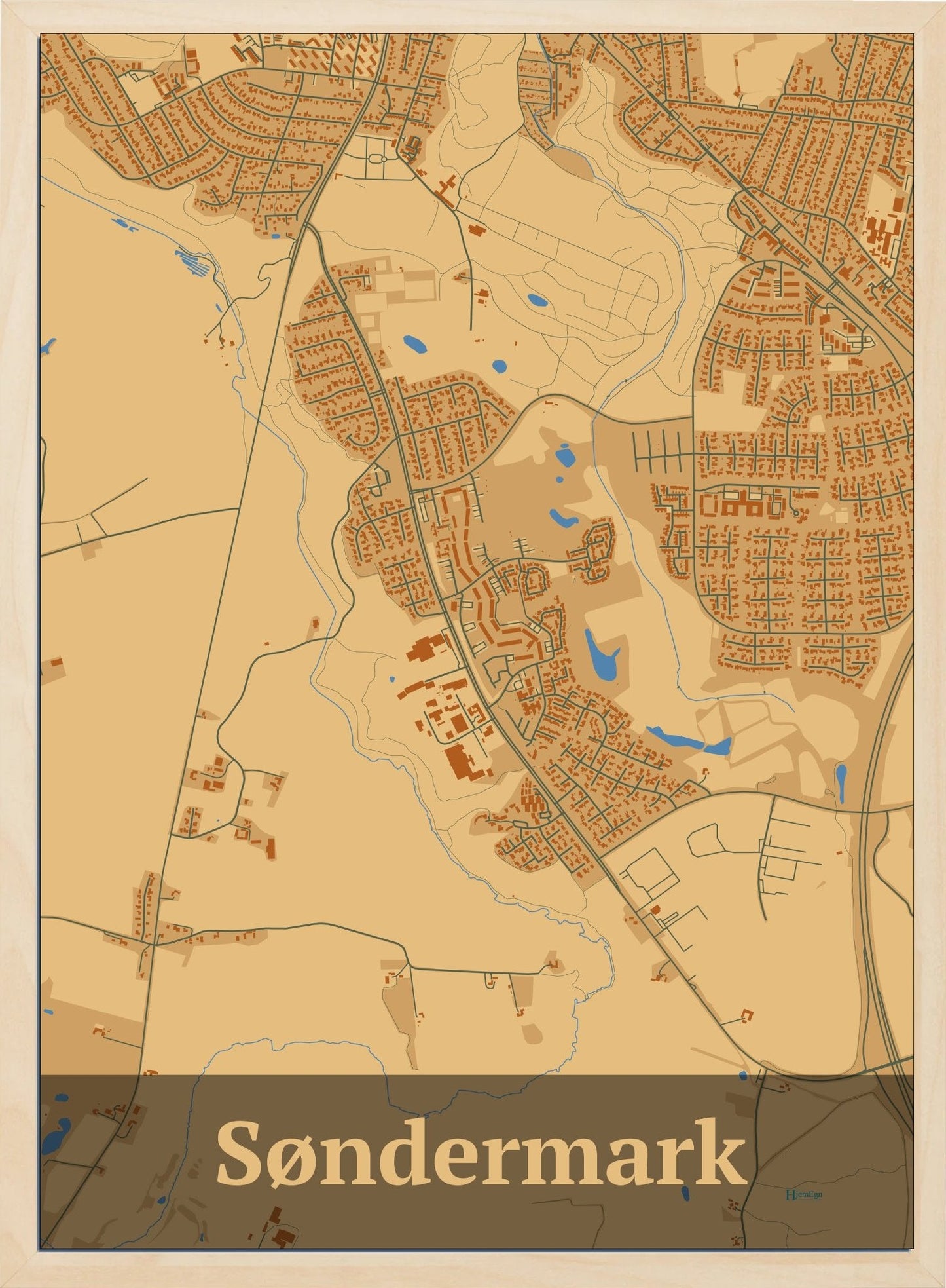 Søndermark plakat i farve pastel brun og HjemEgn.dk design firkantet. Design bykort for Søndermark