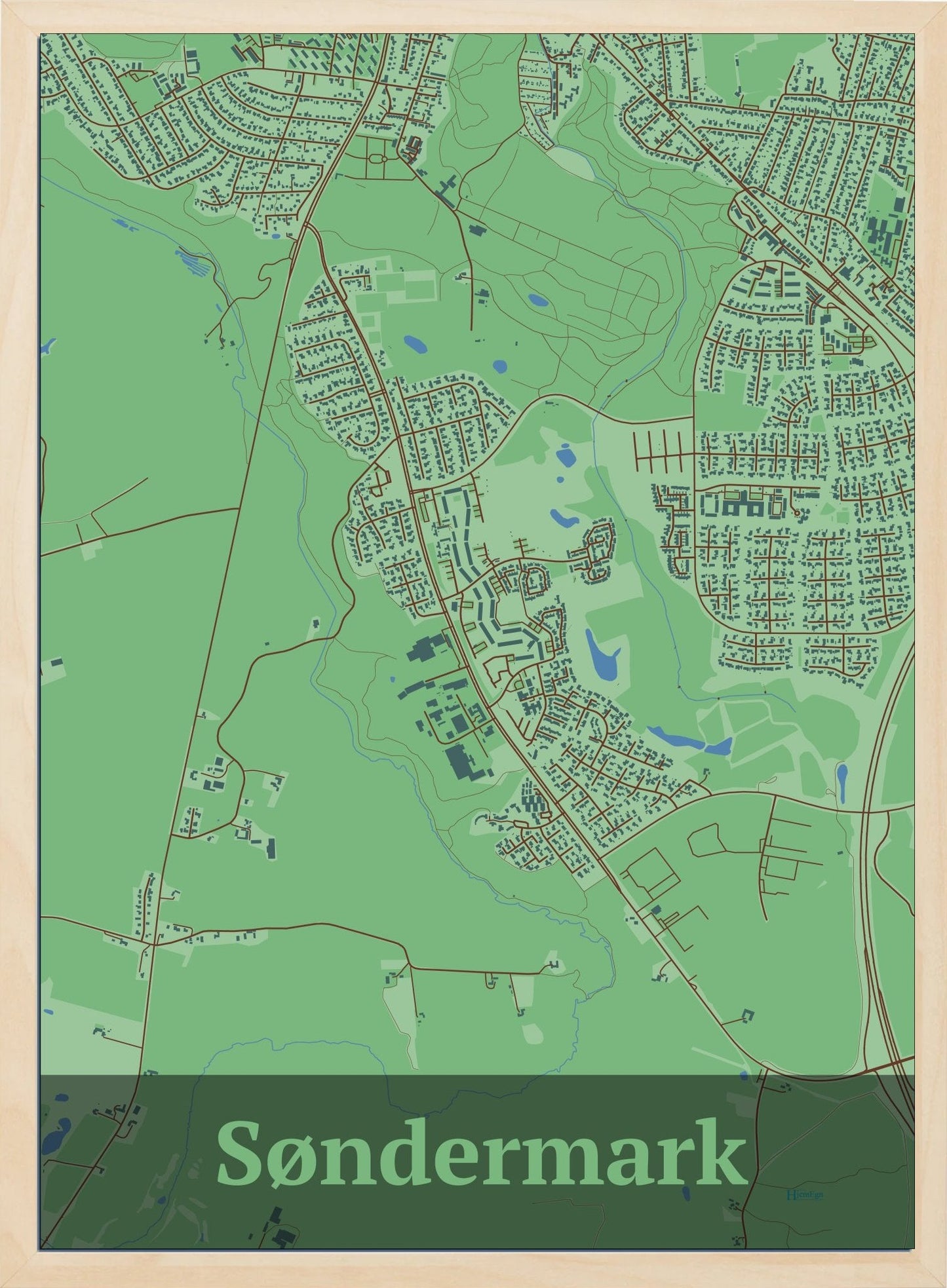Søndermark plakat i farve pastel grøn og HjemEgn.dk design firkantet. Design bykort for Søndermark