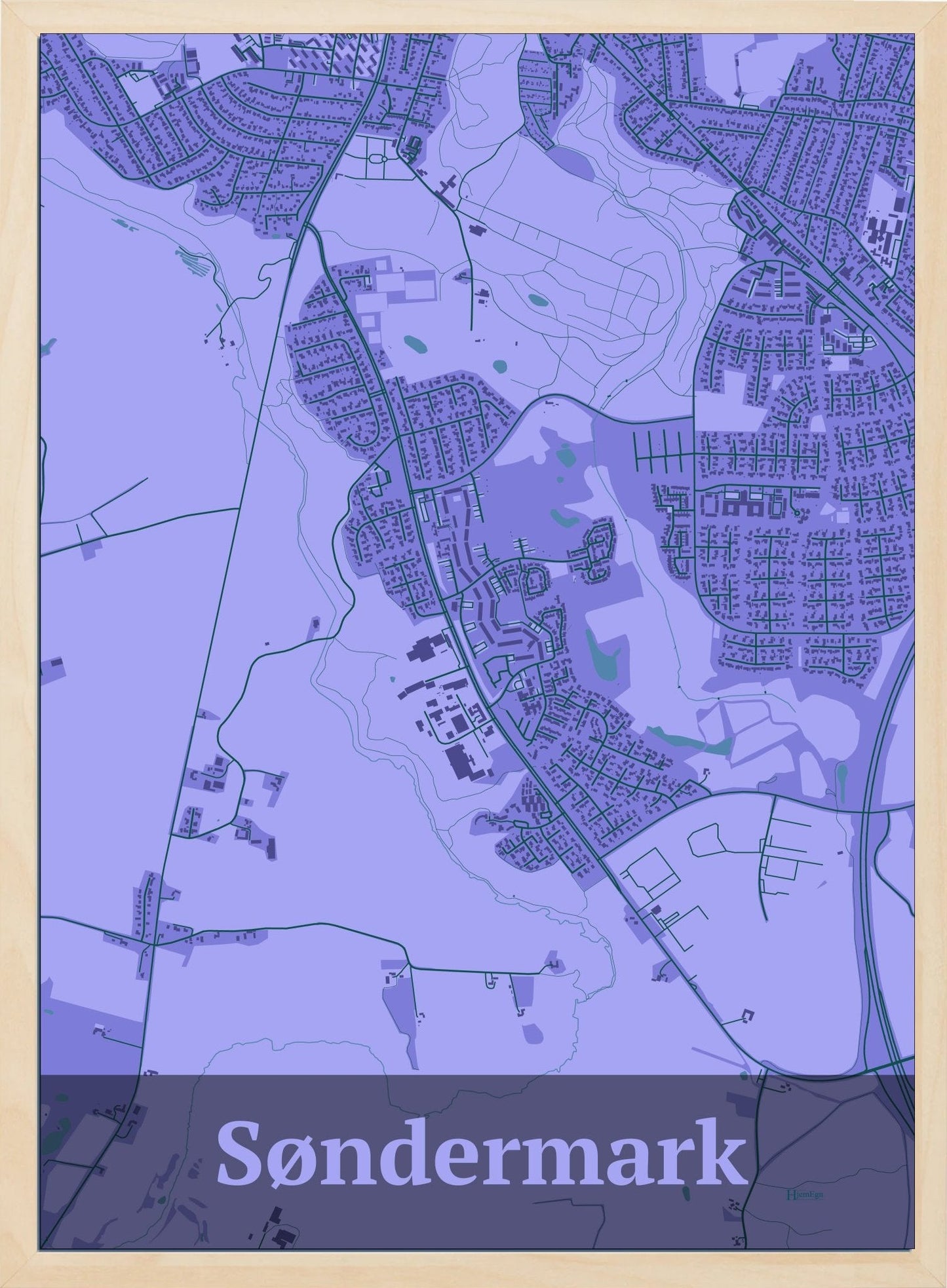 Søndermark plakat i farve pastel lilla og HjemEgn.dk design firkantet. Design bykort for Søndermark