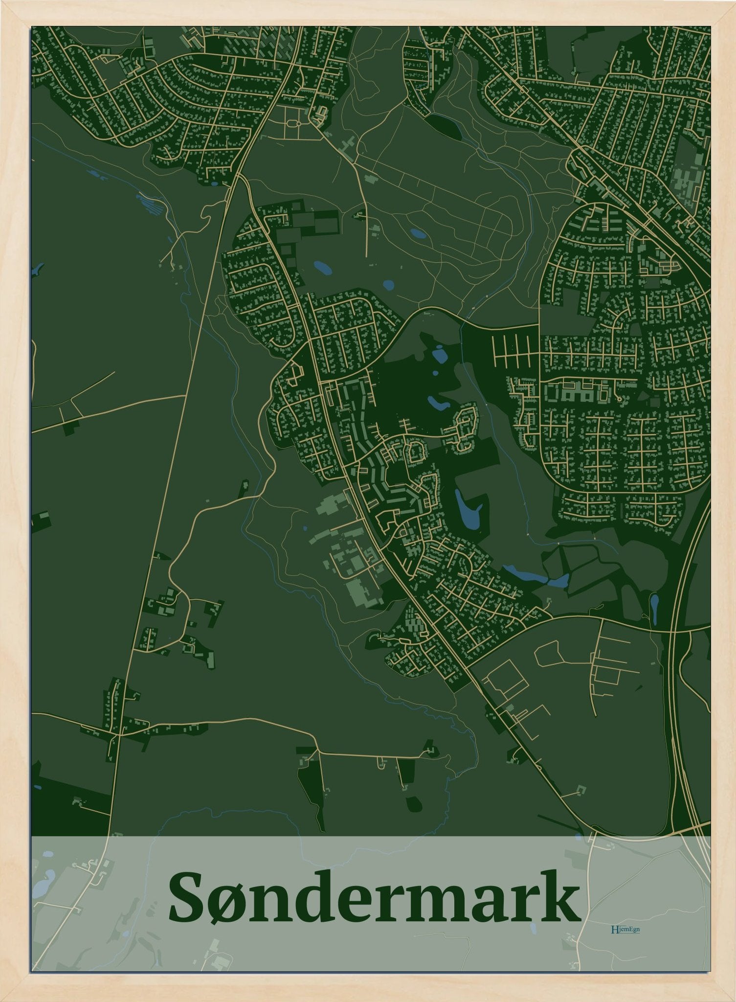 Søndermark plakat i farve mørk grøn og HjemEgn.dk design firkantet. Design bykort for Søndermark