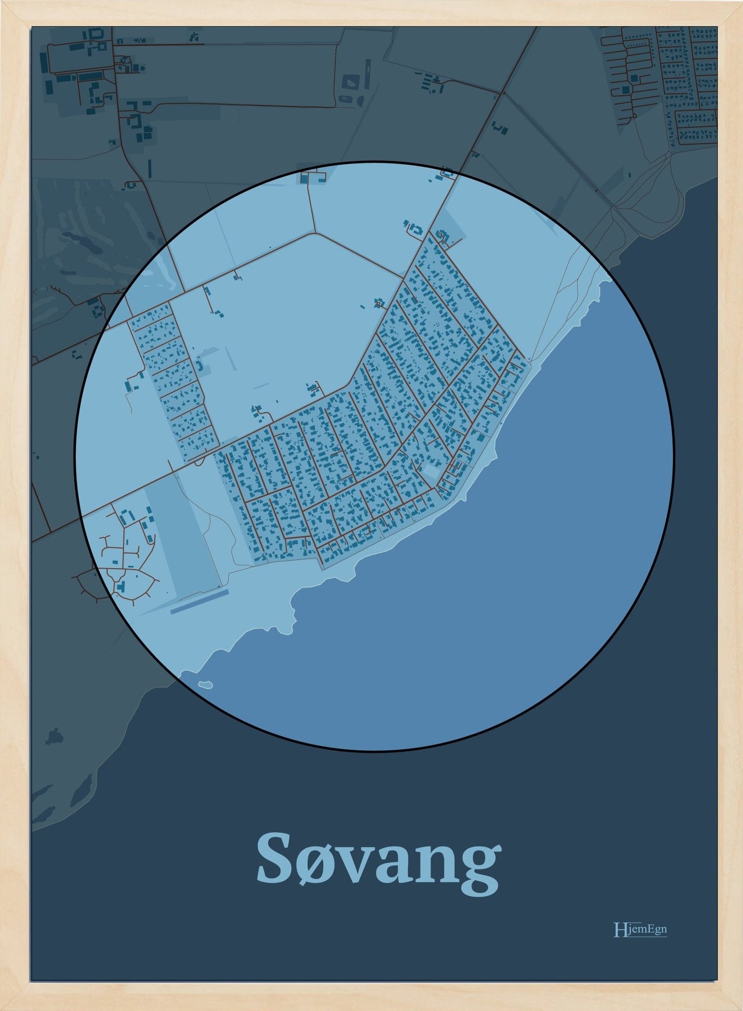 Søvang plakat i farve pastel blå og HjemEgn.dk design centrum. Design bykort for Søvang