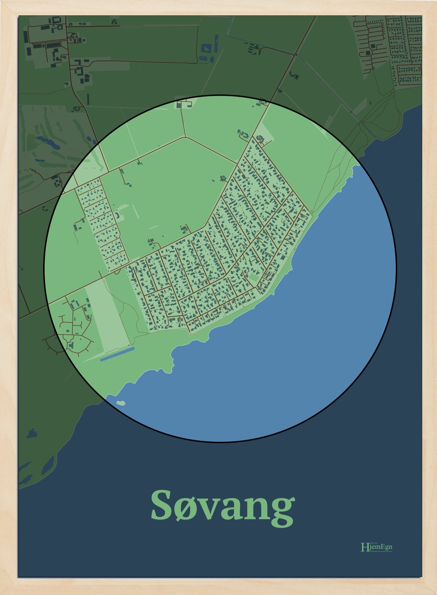 Søvang plakat i farve pastel grøn og HjemEgn.dk design centrum. Design bykort for Søvang