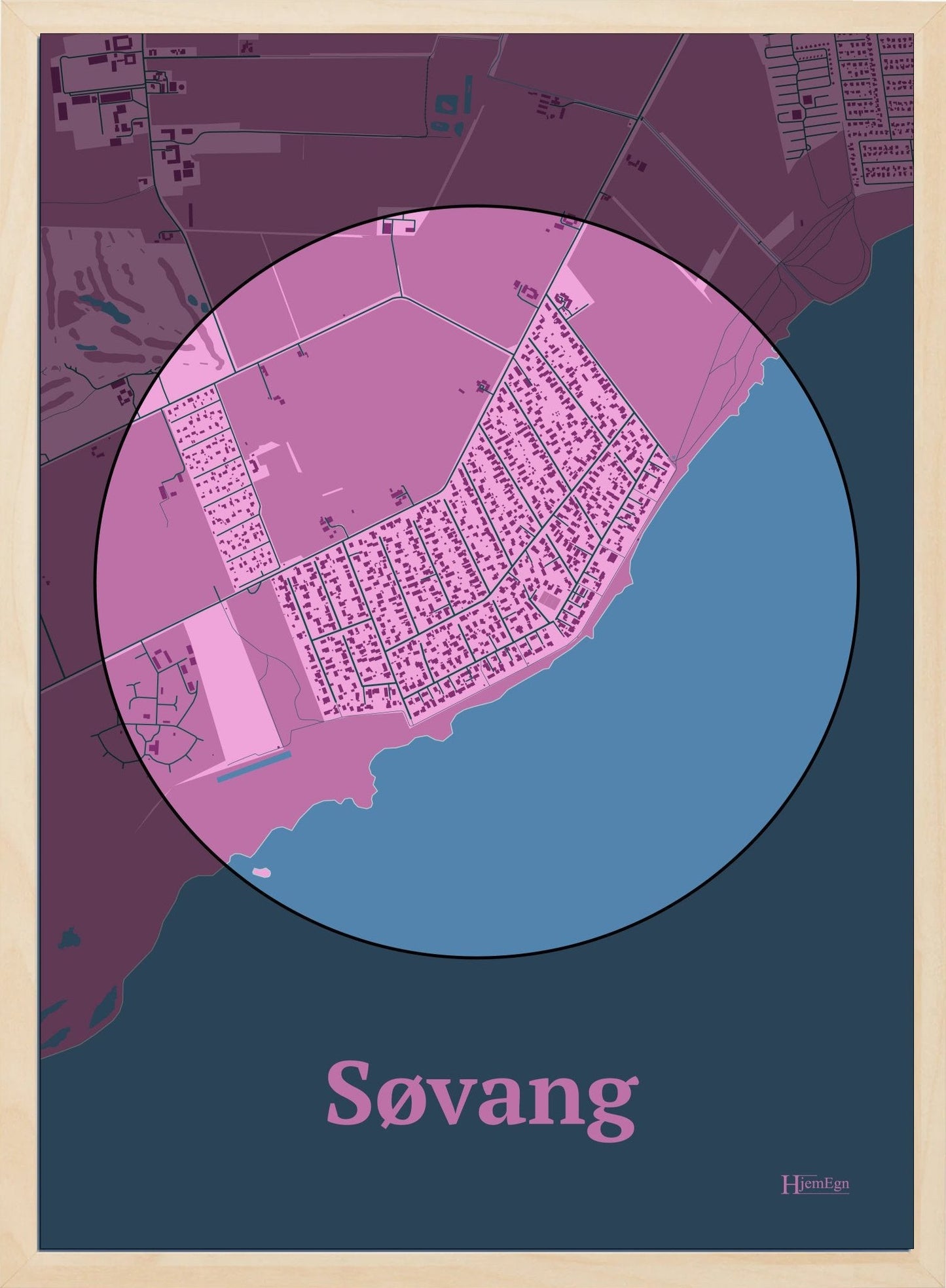 Søvang plakat i farve pastel rød og HjemEgn.dk design centrum. Design bykort for Søvang