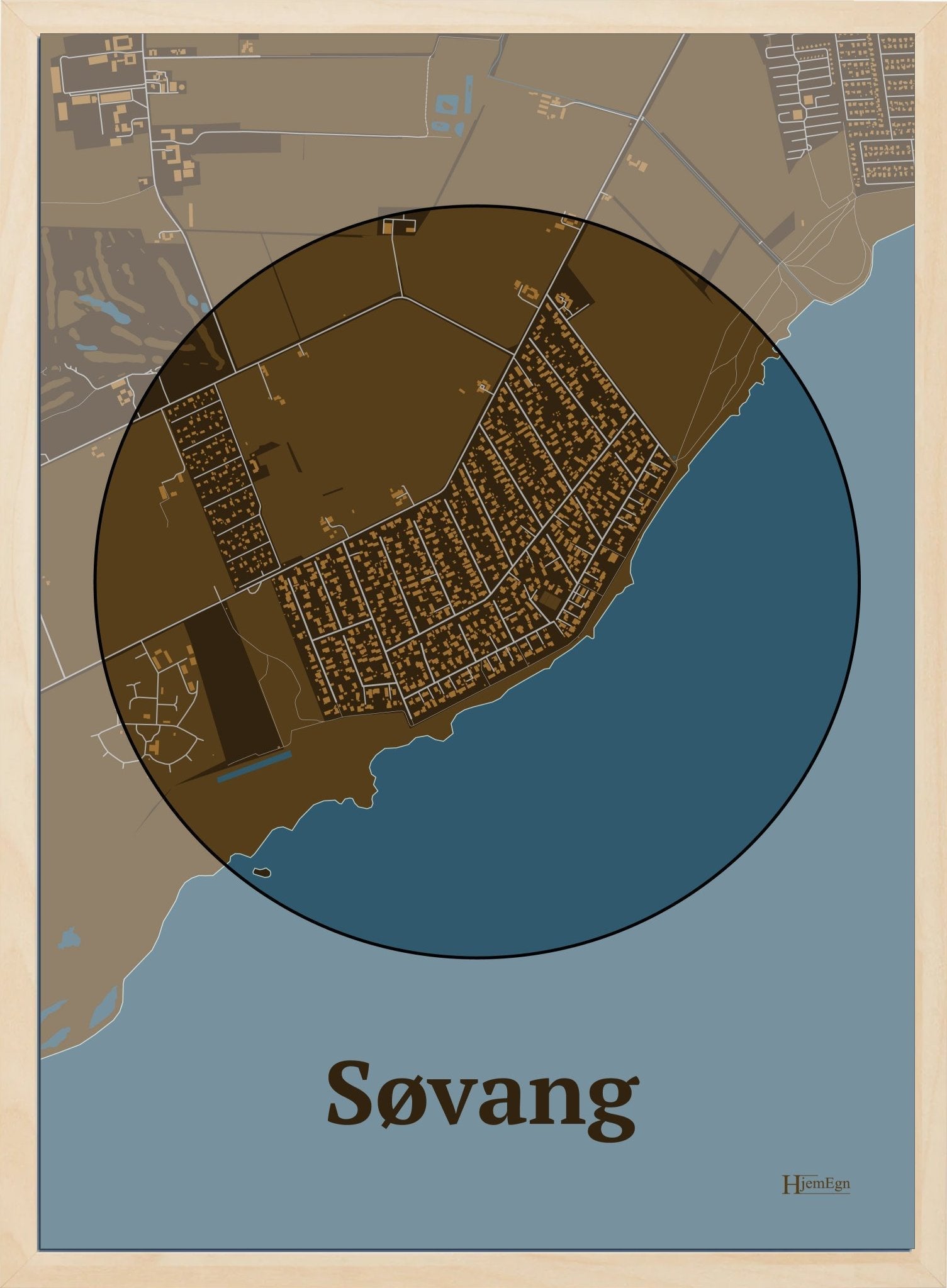 Søvang plakat i farve mørk brun og HjemEgn.dk design centrum. Design bykort for Søvang