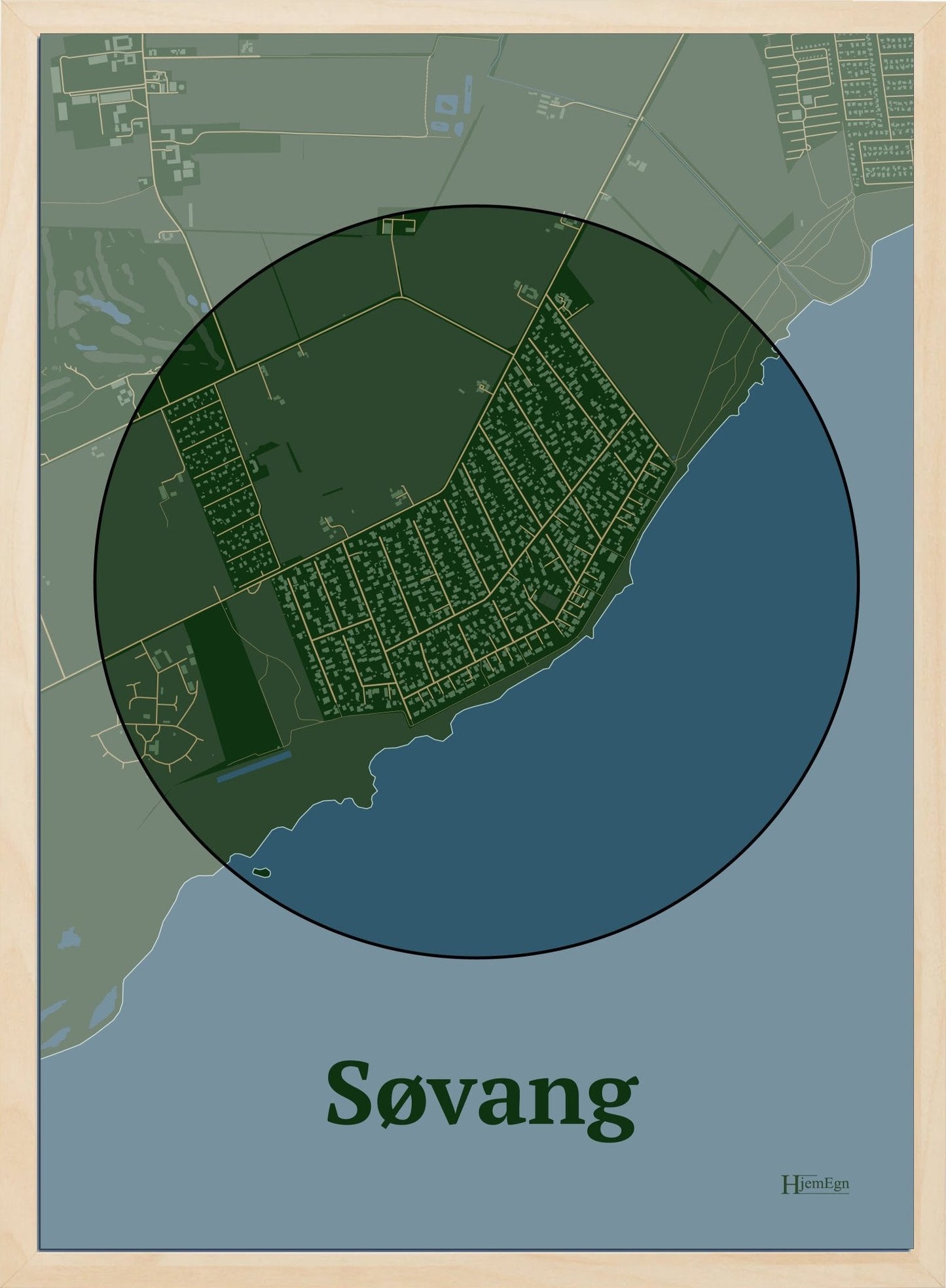 Søvang plakat i farve mørk grøn og HjemEgn.dk design centrum. Design bykort for Søvang