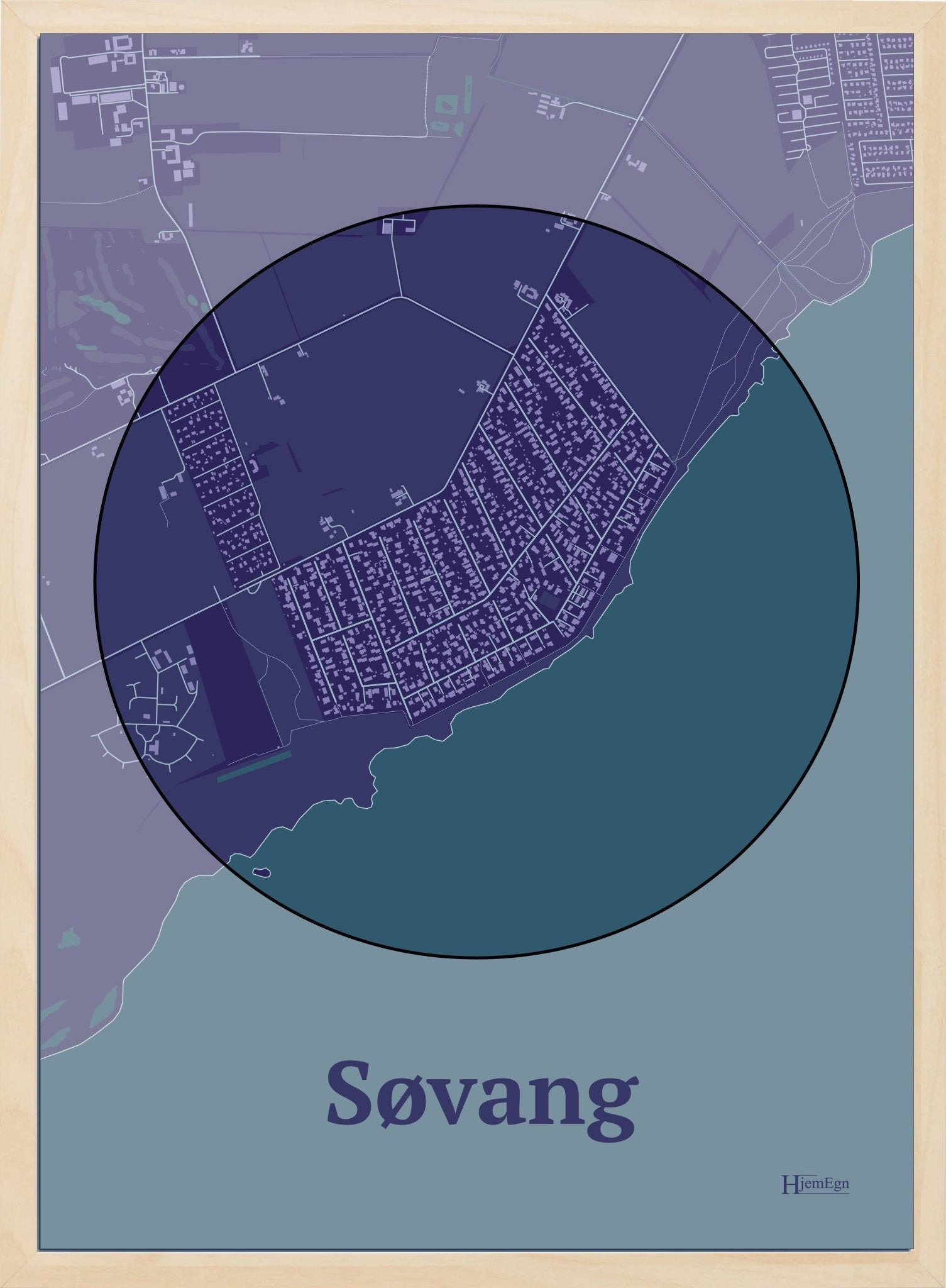 Søvang plakat i farve mørk lilla og HjemEgn.dk design centrum. Design bykort for Søvang