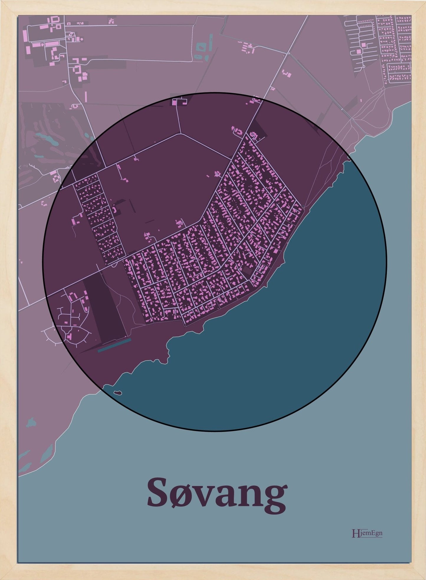 Søvang plakat i farve mørk rød og HjemEgn.dk design centrum. Design bykort for Søvang