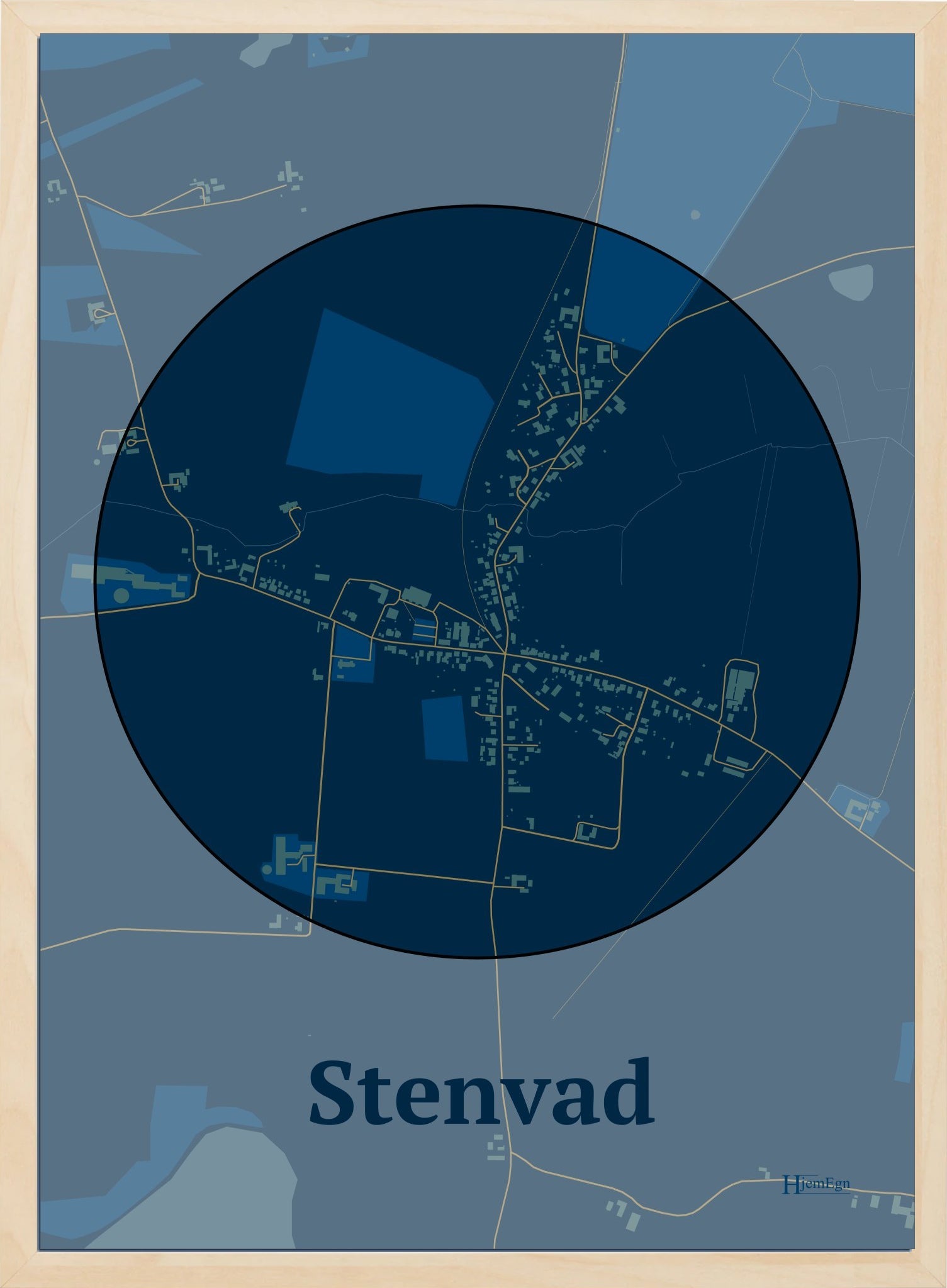 Stenvad plakat i farve mørk blå og HjemEgn.dk design centrum. Design bykort for Stenvad