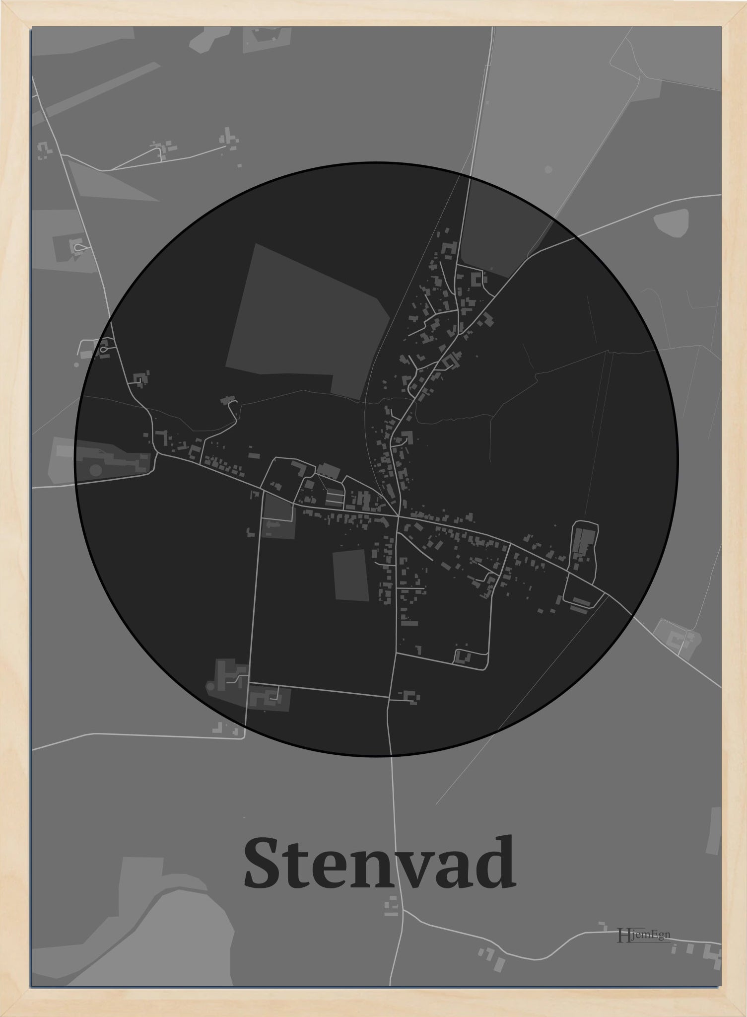 Stenvad plakat i farve mørk grå og HjemEgn.dk design centrum. Design bykort for Stenvad