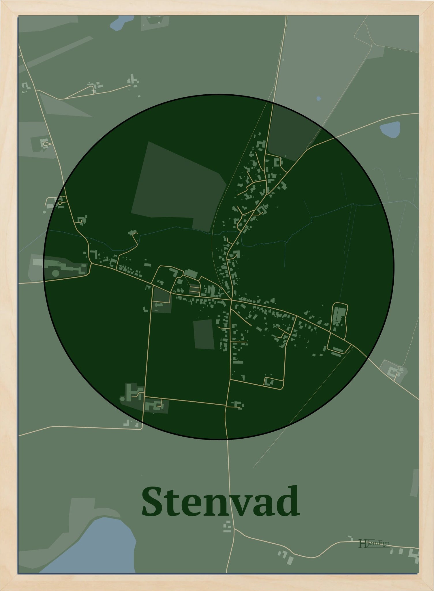 Stenvad plakat i farve mørk grøn og HjemEgn.dk design centrum. Design bykort for Stenvad