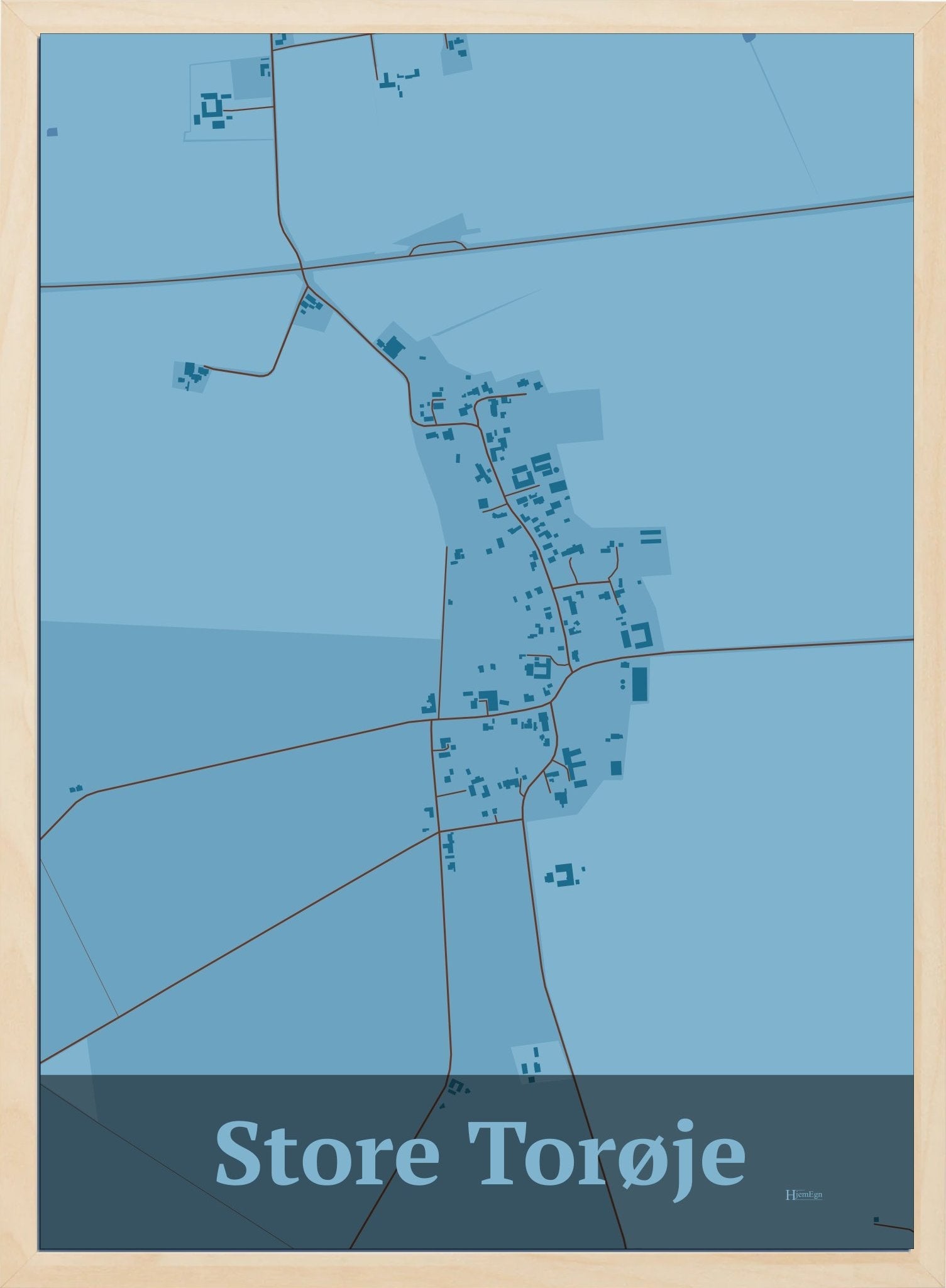 Store Torøje plakat i farve pastel blå og HjemEgn.dk design firkantet. Design bykort for Store Torøje