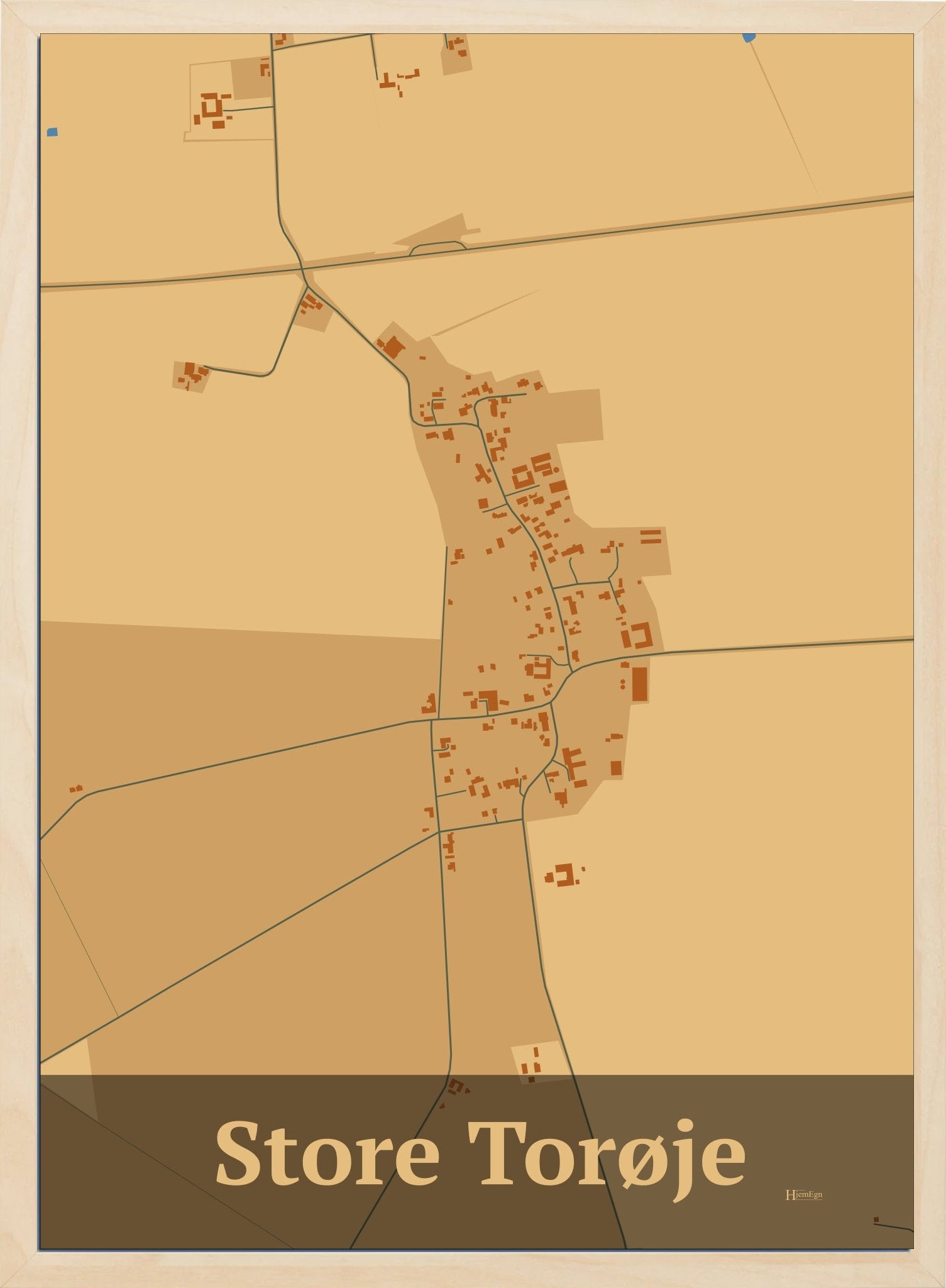 Store Torøje plakat i farve pastel brun og HjemEgn.dk design firkantet. Design bykort for Store Torøje