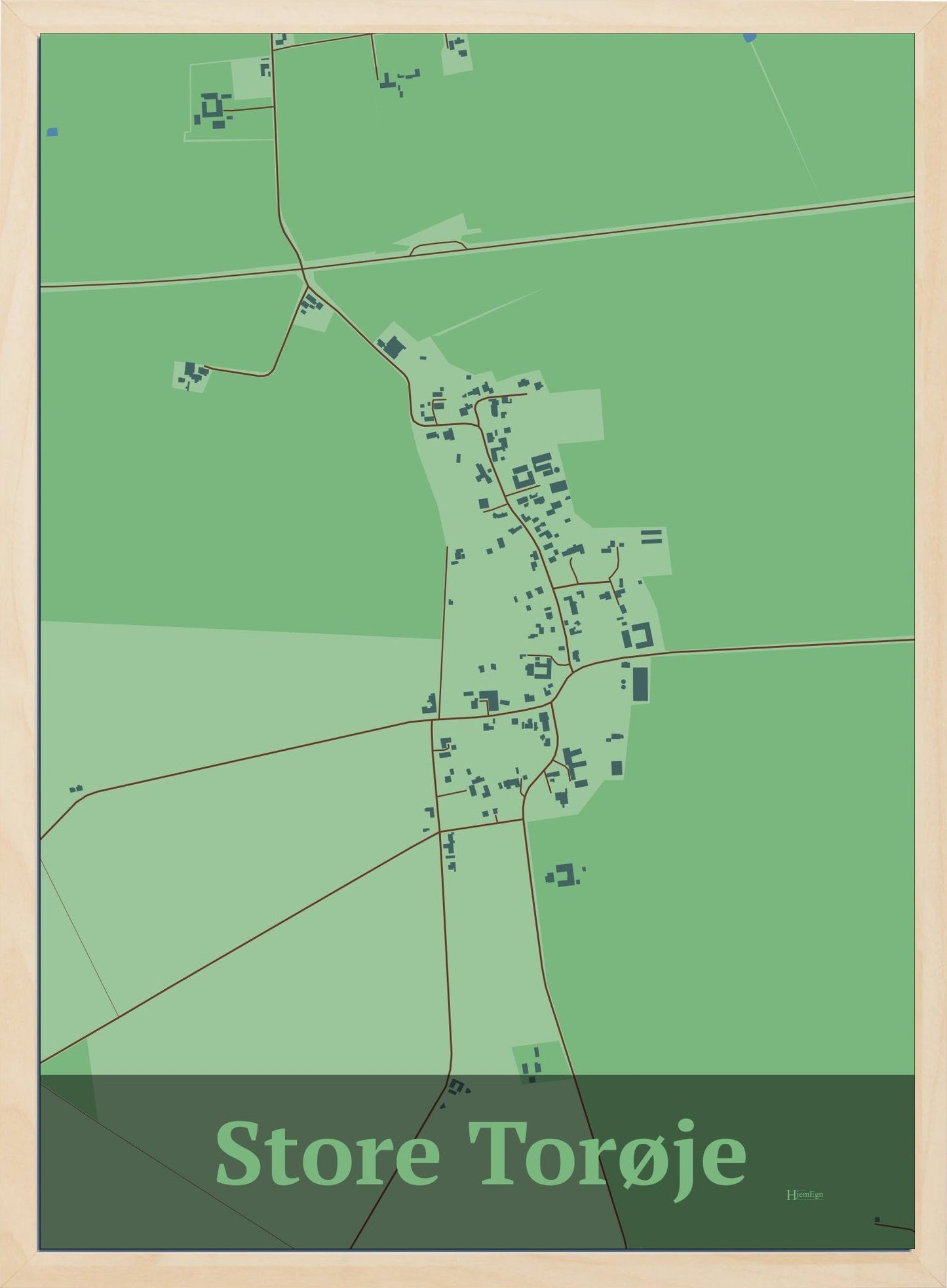 Store Torøje plakat i farve pastel grøn og HjemEgn.dk design firkantet. Design bykort for Store Torøje