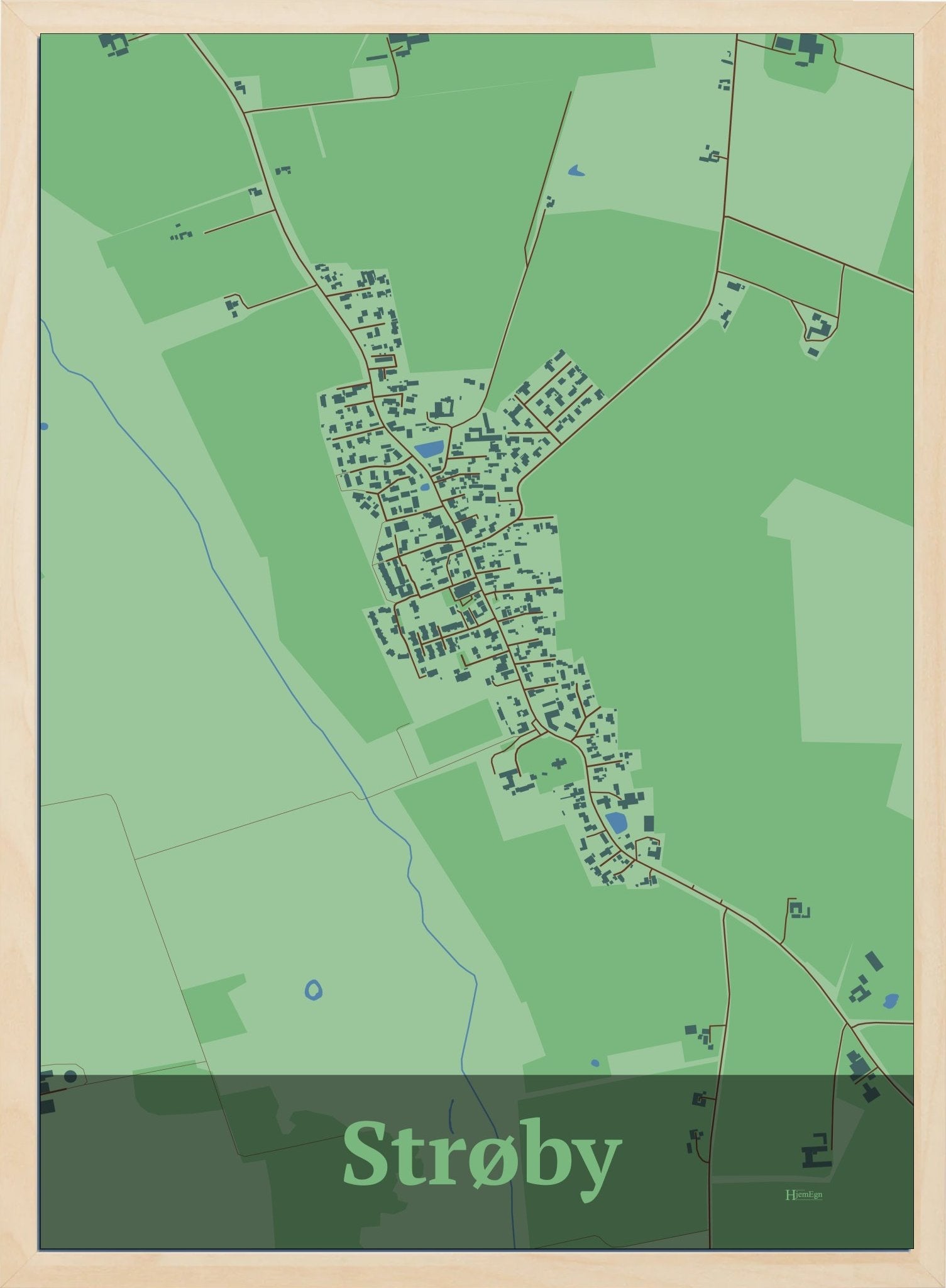 Strøby plakat i farve pastel grøn og HjemEgn.dk design firkantet. Design bykort for Strøby